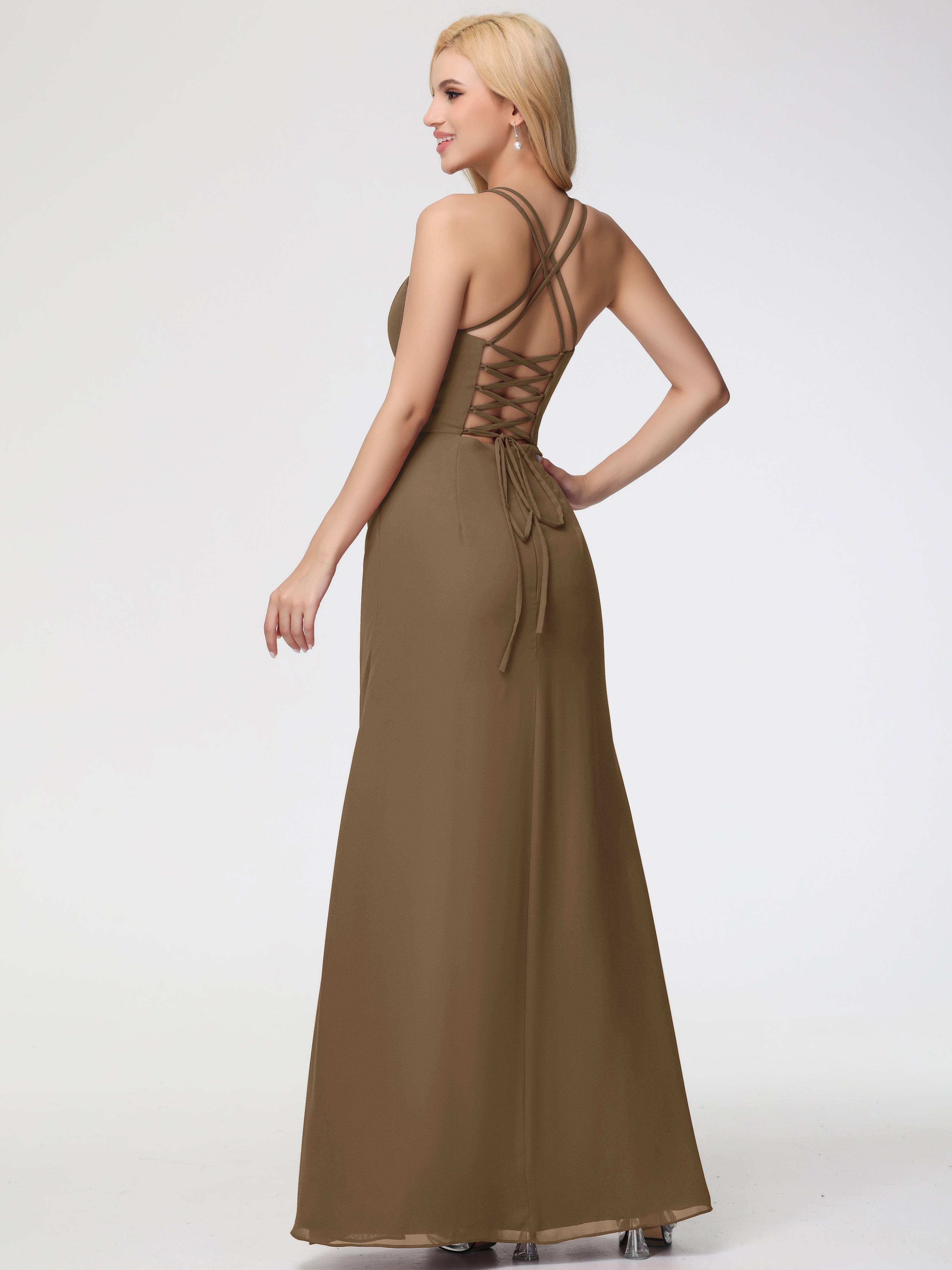 Robe De Demoiselle D'Honneur Moka Bretelles Spaghetti Fourreau Mousseline Robe Demoiselle D'Honneur