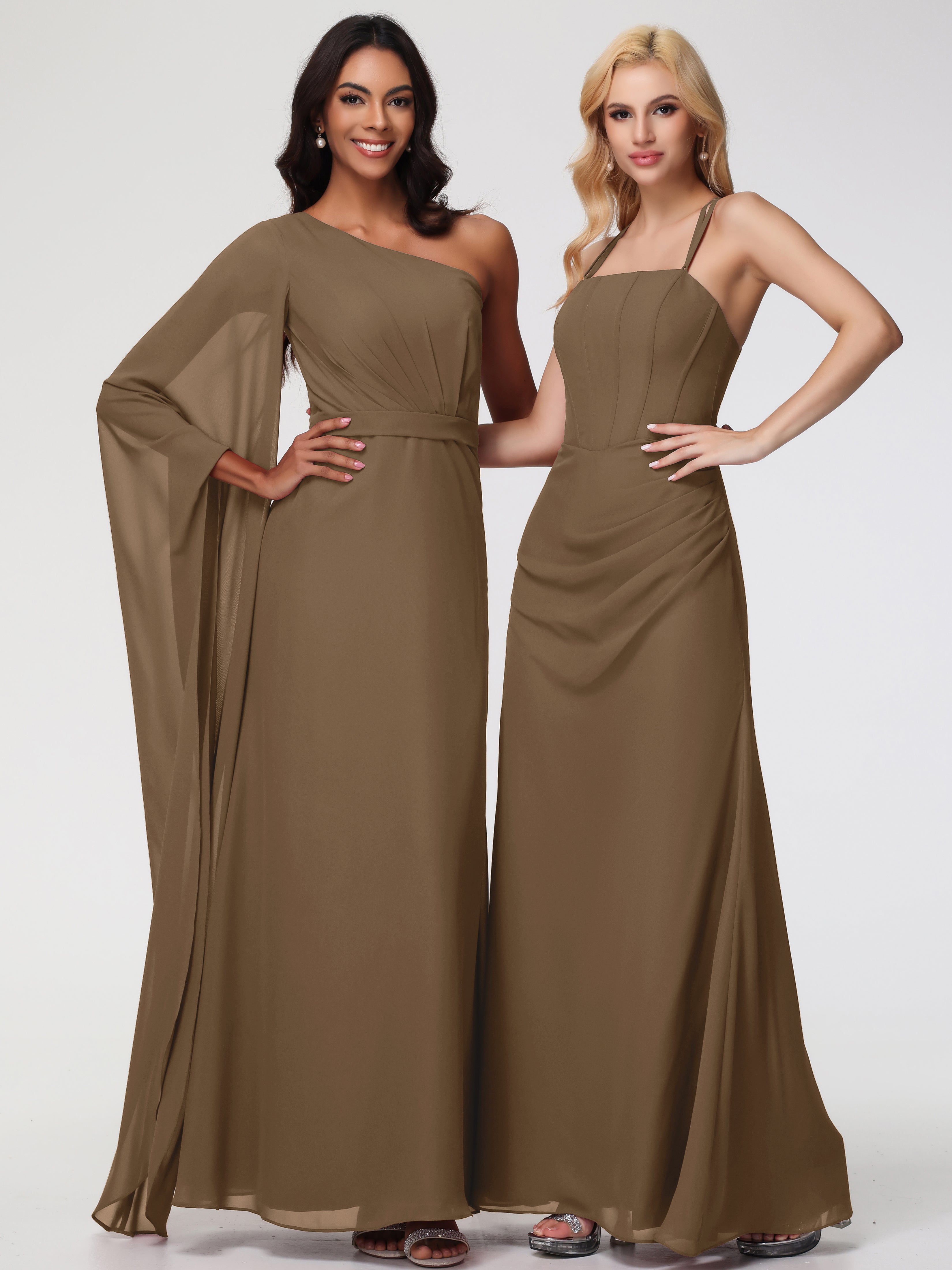 Robe De Demoiselle D'Honneur Moka Bretelles Spaghetti Fourreau Mousseline Robe Demoiselle D'Honneur