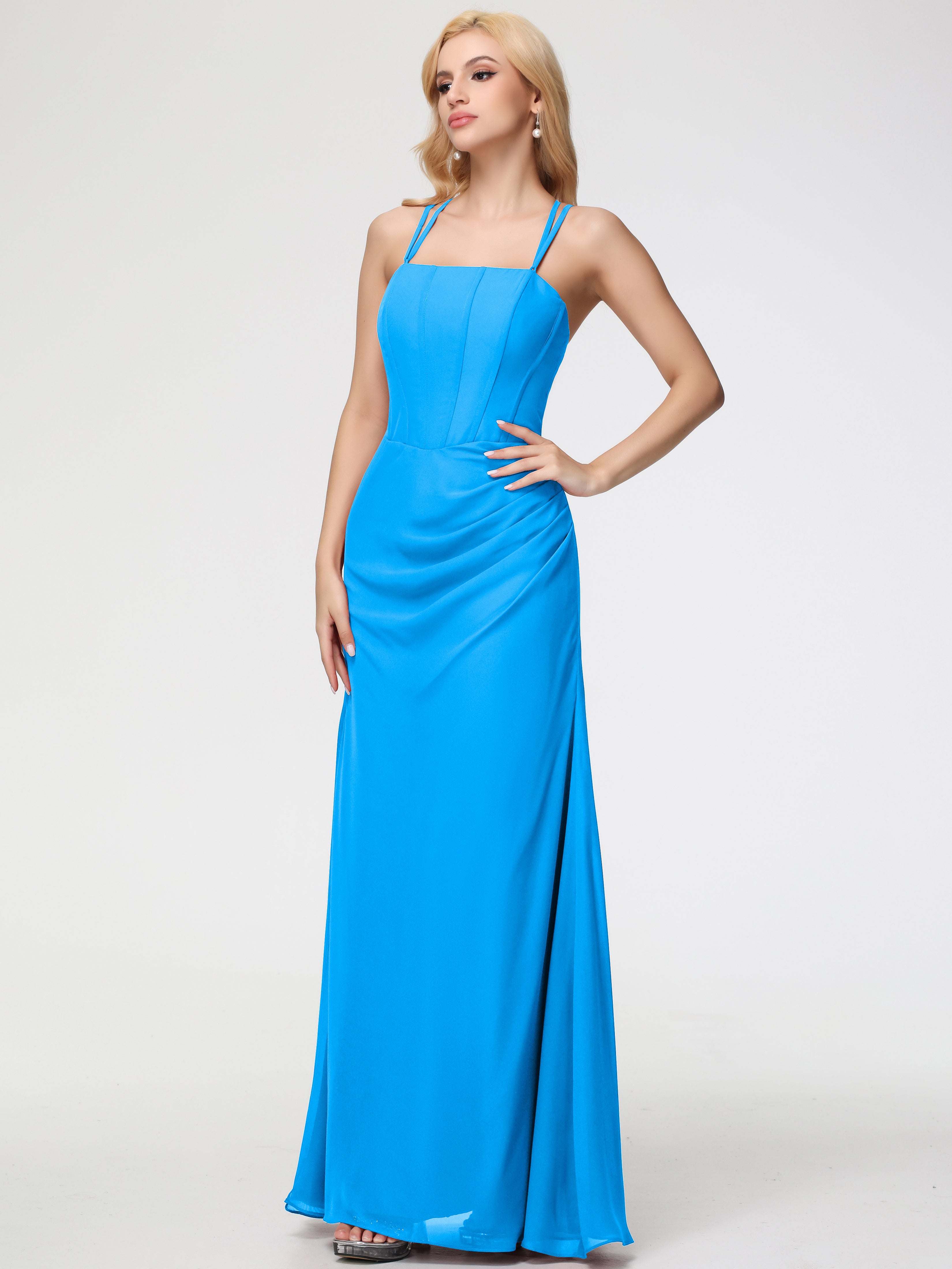 Robes De Demoiselle D'Honneur Bleu Océan Bretelles Spaghetti Fourreau Mousseline Robe Demoiselle D'Honneur