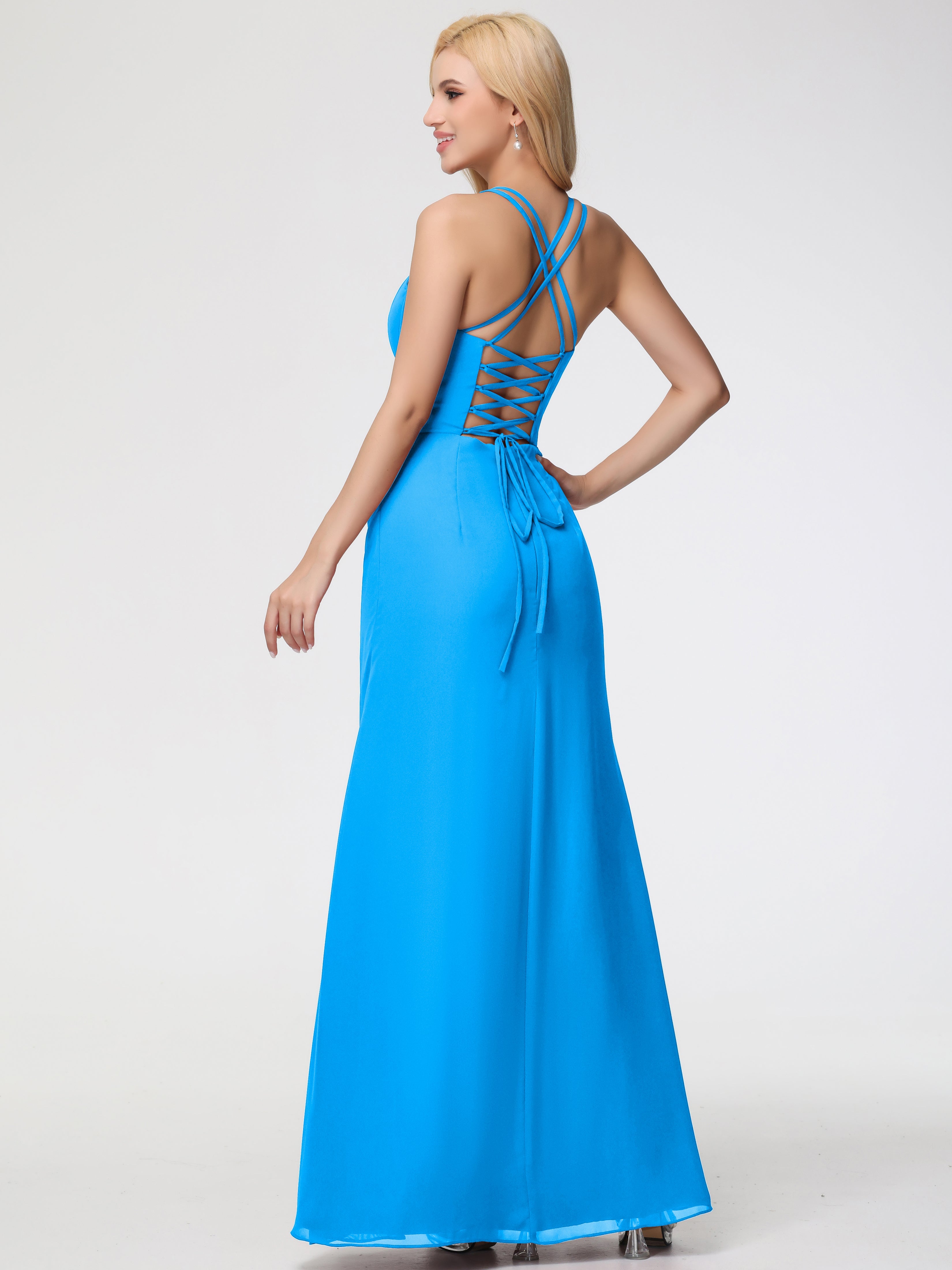 Robes De Demoiselle D'Honneur Bleu Océan Bretelles Spaghetti Fourreau Mousseline Robe Demoiselle D'Honneur