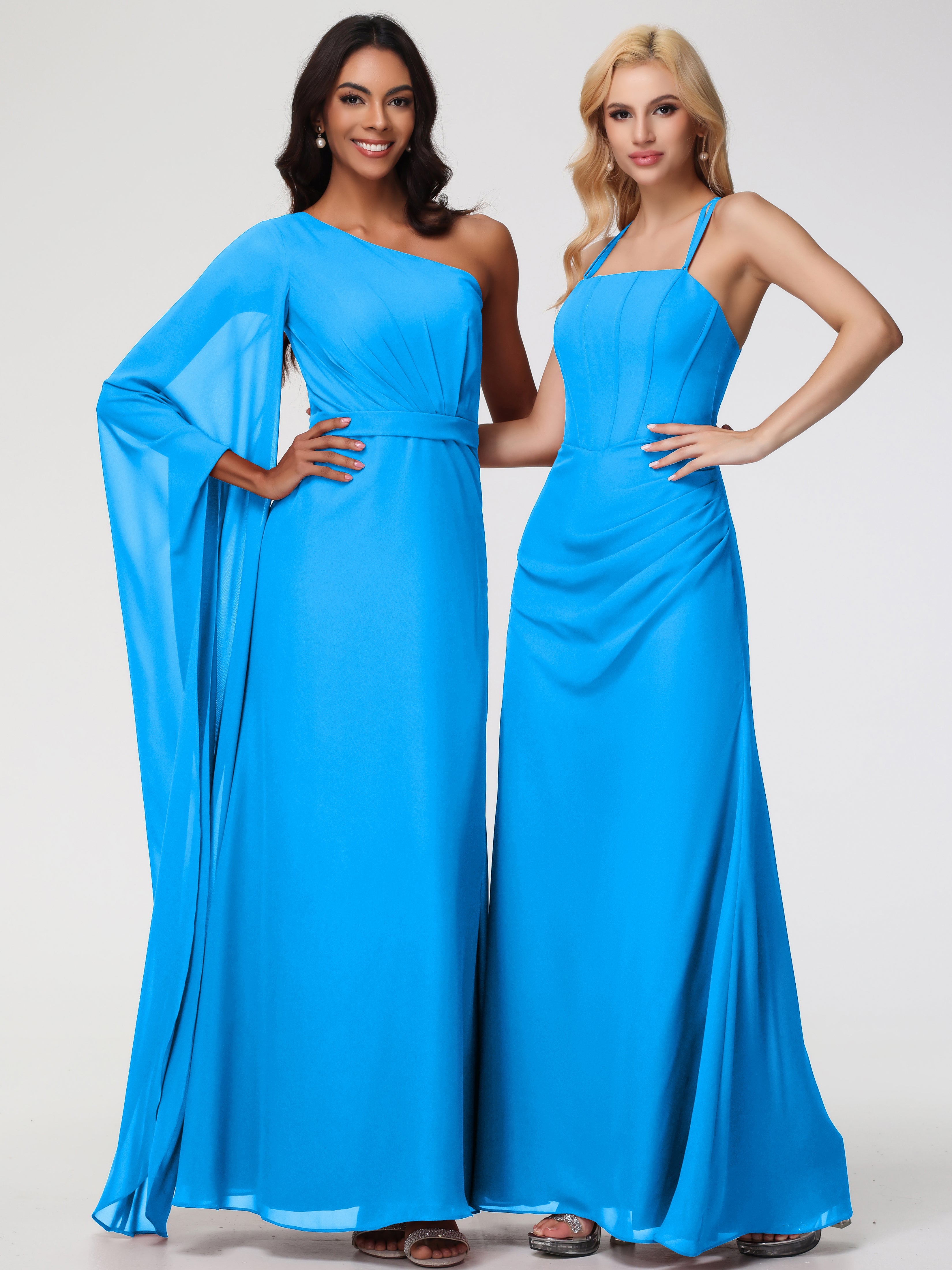Robes De Demoiselle D'Honneur Bleu Océan Bretelles Spaghetti Fourreau Mousseline Robe Demoiselle D'Honneur