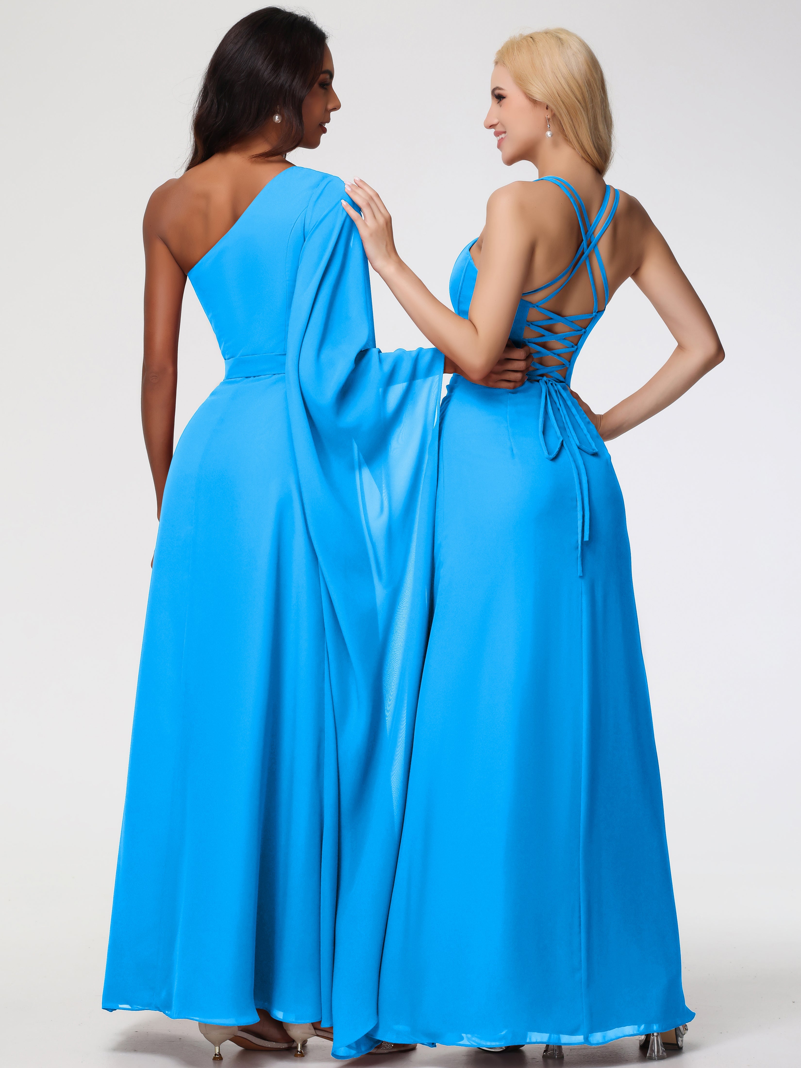 Robes De Demoiselle D'Honneur Bleu Océan Bretelles Spaghetti Fourreau Mousseline Robe Demoiselle D'Honneur