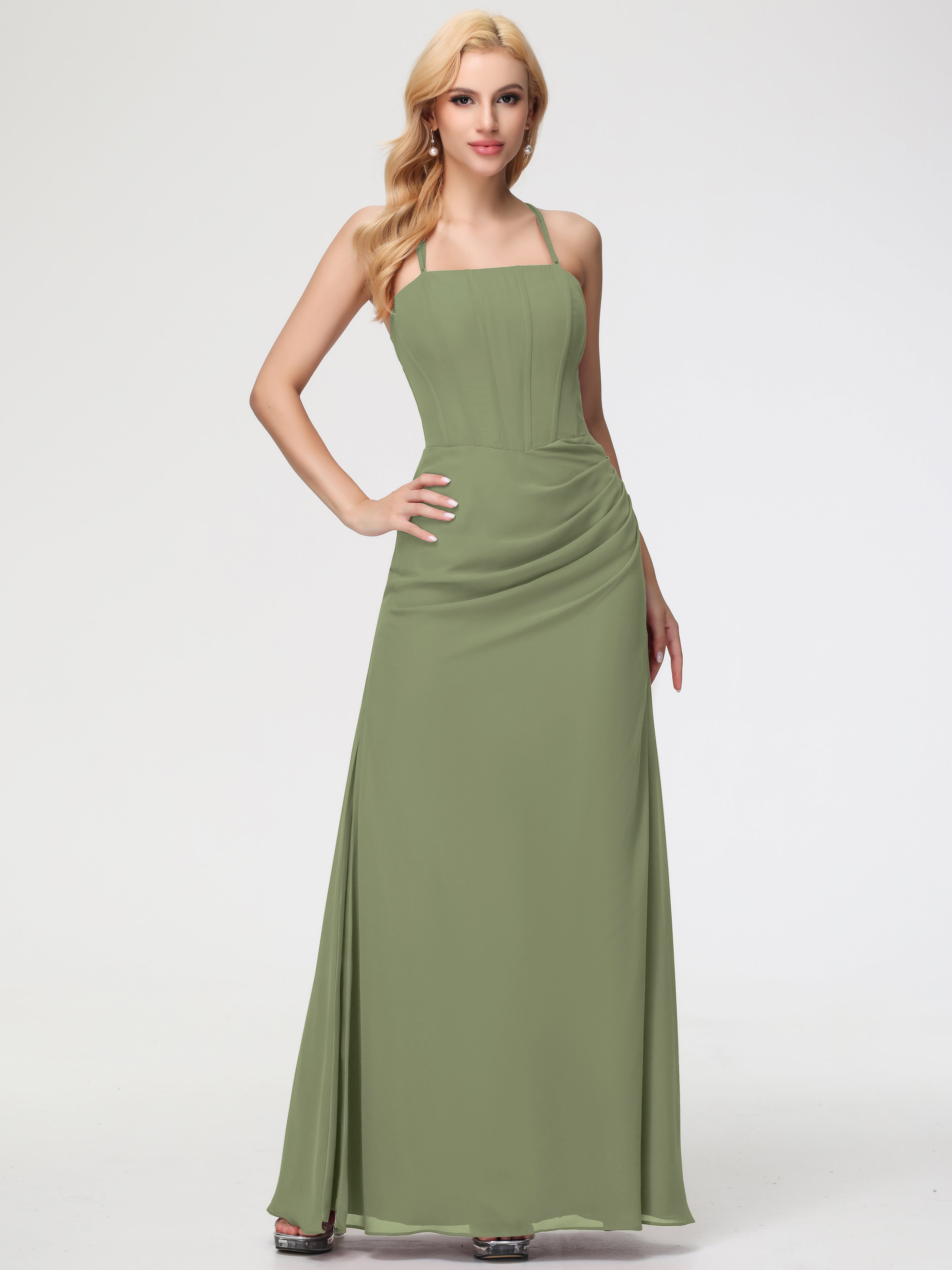 Robe Vert Olive Demoiselle D Honneur Bretelles Spaghetti Fourreau Mousseline Robe Demoiselle D'Honneur