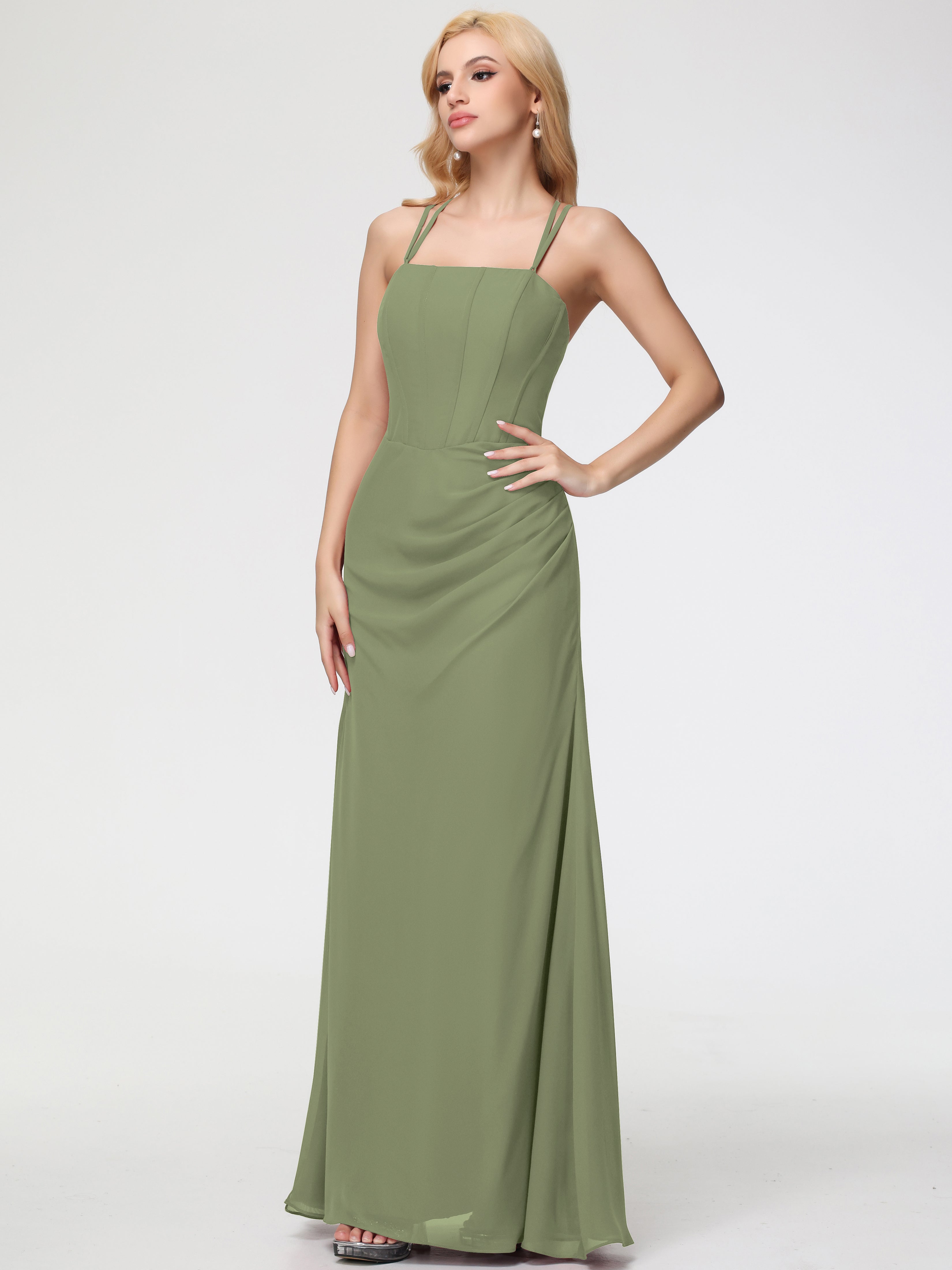 Robe Vert Olive Demoiselle D Honneur Bretelles Spaghetti Fourreau Mousseline Robe Demoiselle D'Honneur