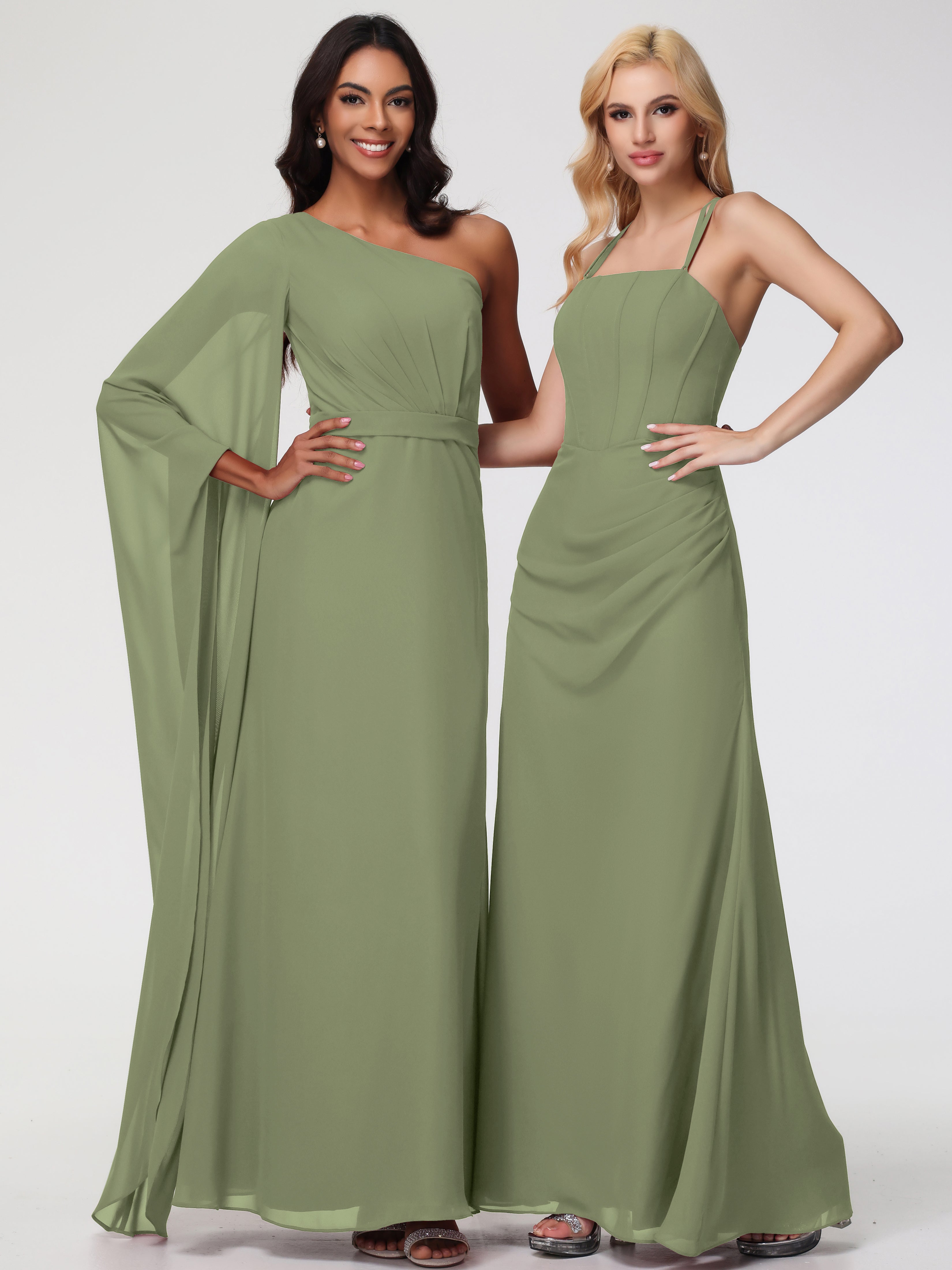 Robe Vert Olive Demoiselle D Honneur Bretelles Spaghetti Fourreau Mousseline Robe Demoiselle D'Honneur