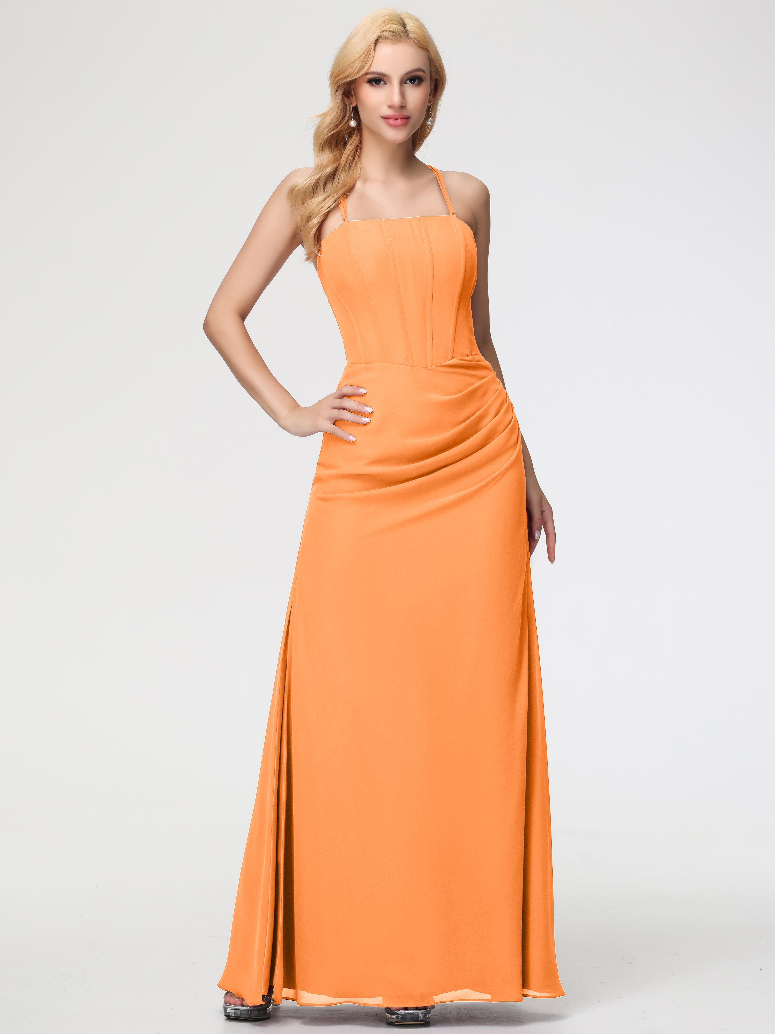 Robe Orange Demoiselle D Honneur Bretelles Spaghetti Fourreau Mousseline Robe Demoiselle D'Honneur