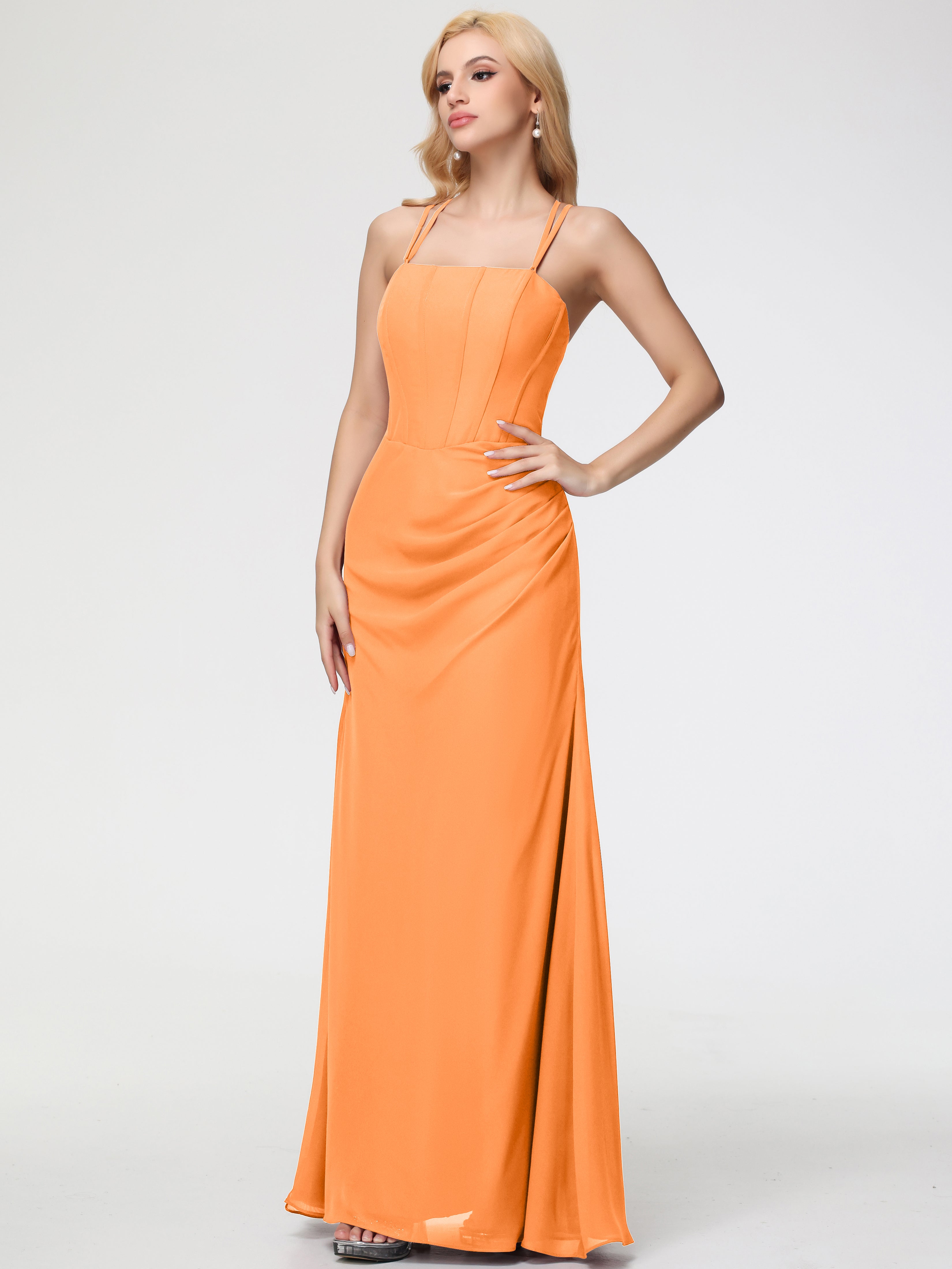 Robe Orange Demoiselle D Honneur Bretelles Spaghetti Fourreau Mousseline Robe Demoiselle D'Honneur