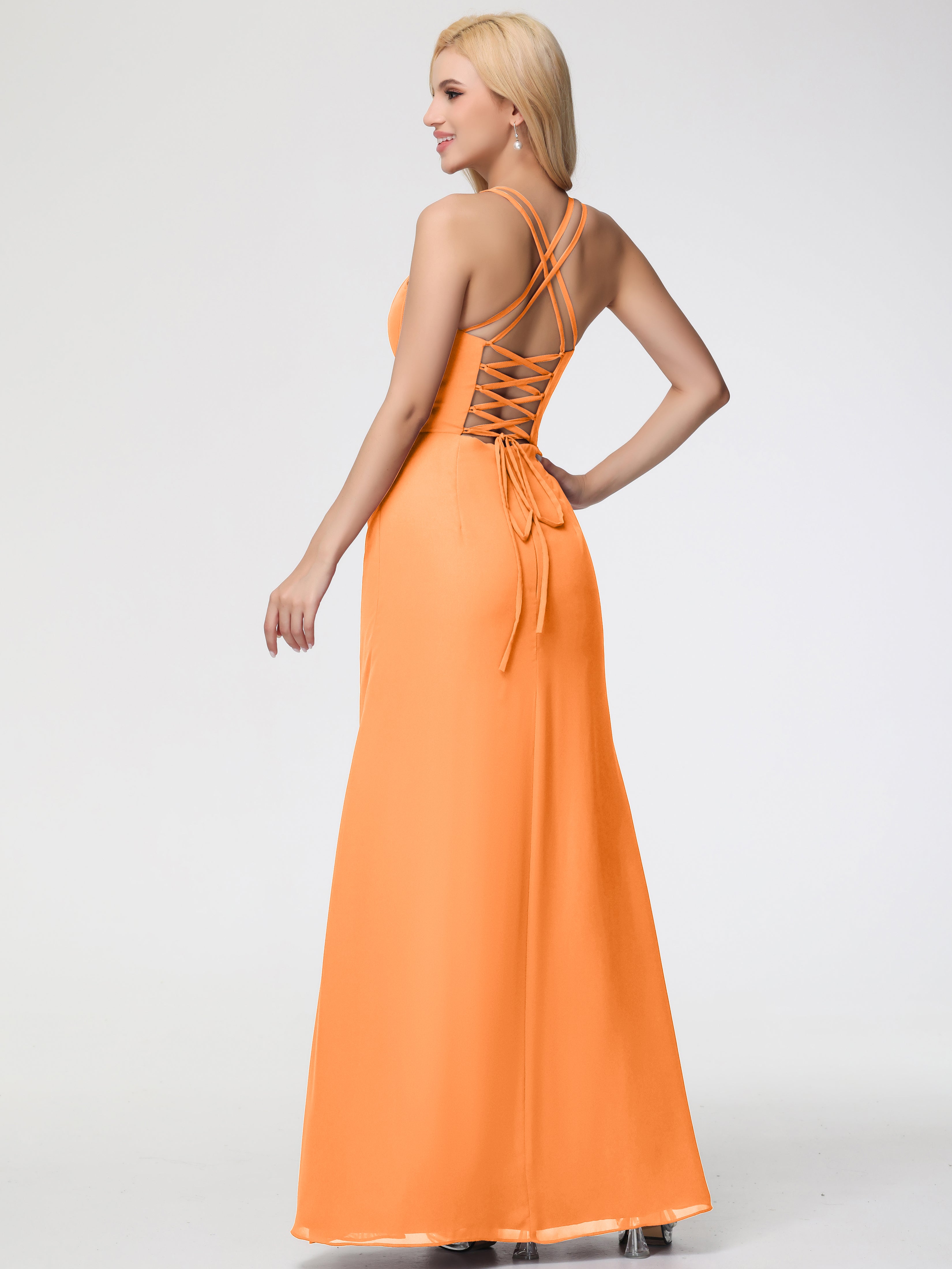 Robe Orange Demoiselle D Honneur Bretelles Spaghetti Fourreau Mousseline Robe Demoiselle D'Honneur