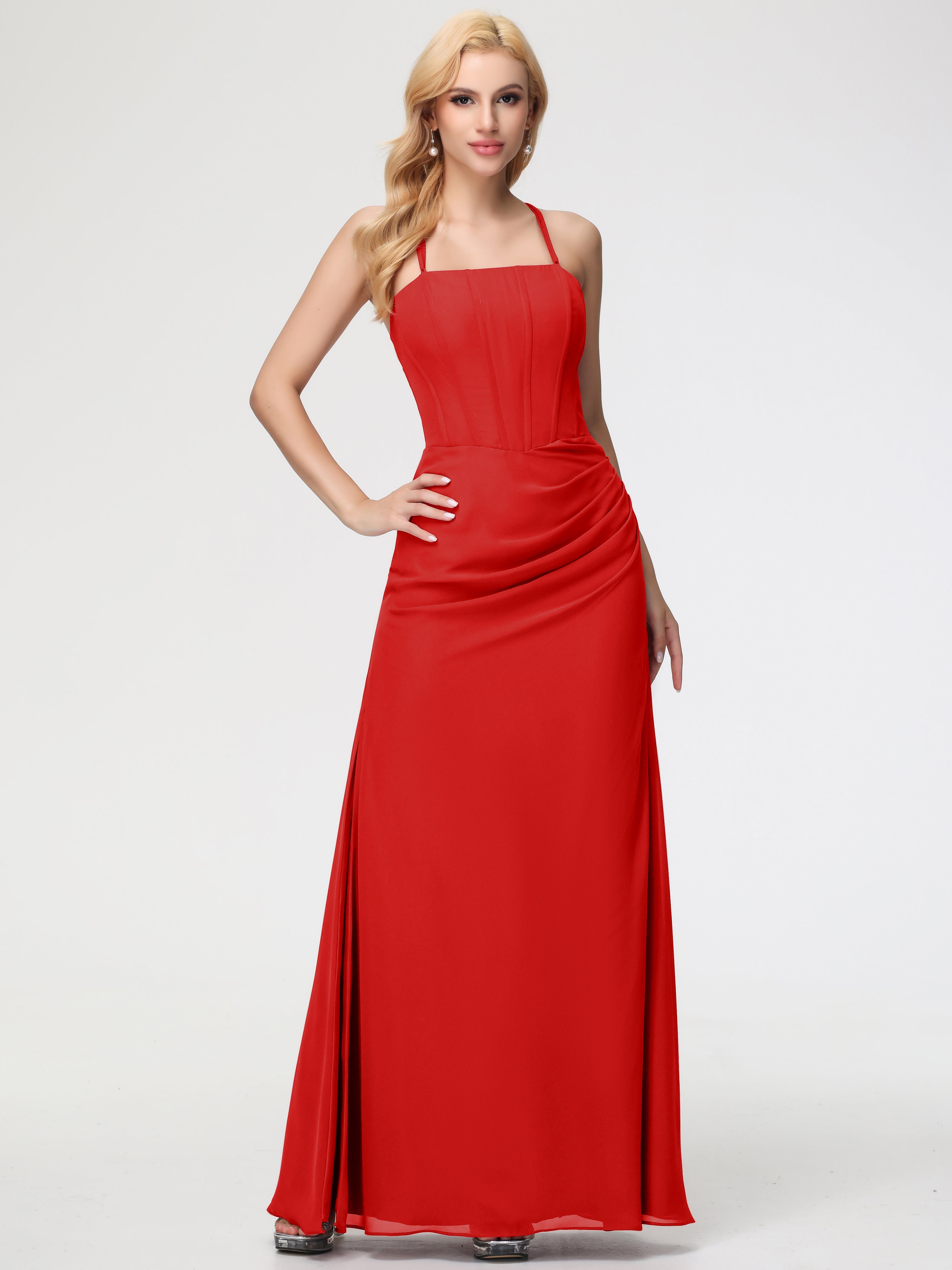 Robe Rouge Mariage Demoiselle D Honneur Bretelles Spaghetti Fourreau Mousseline Robe Demoiselle D'Honneur