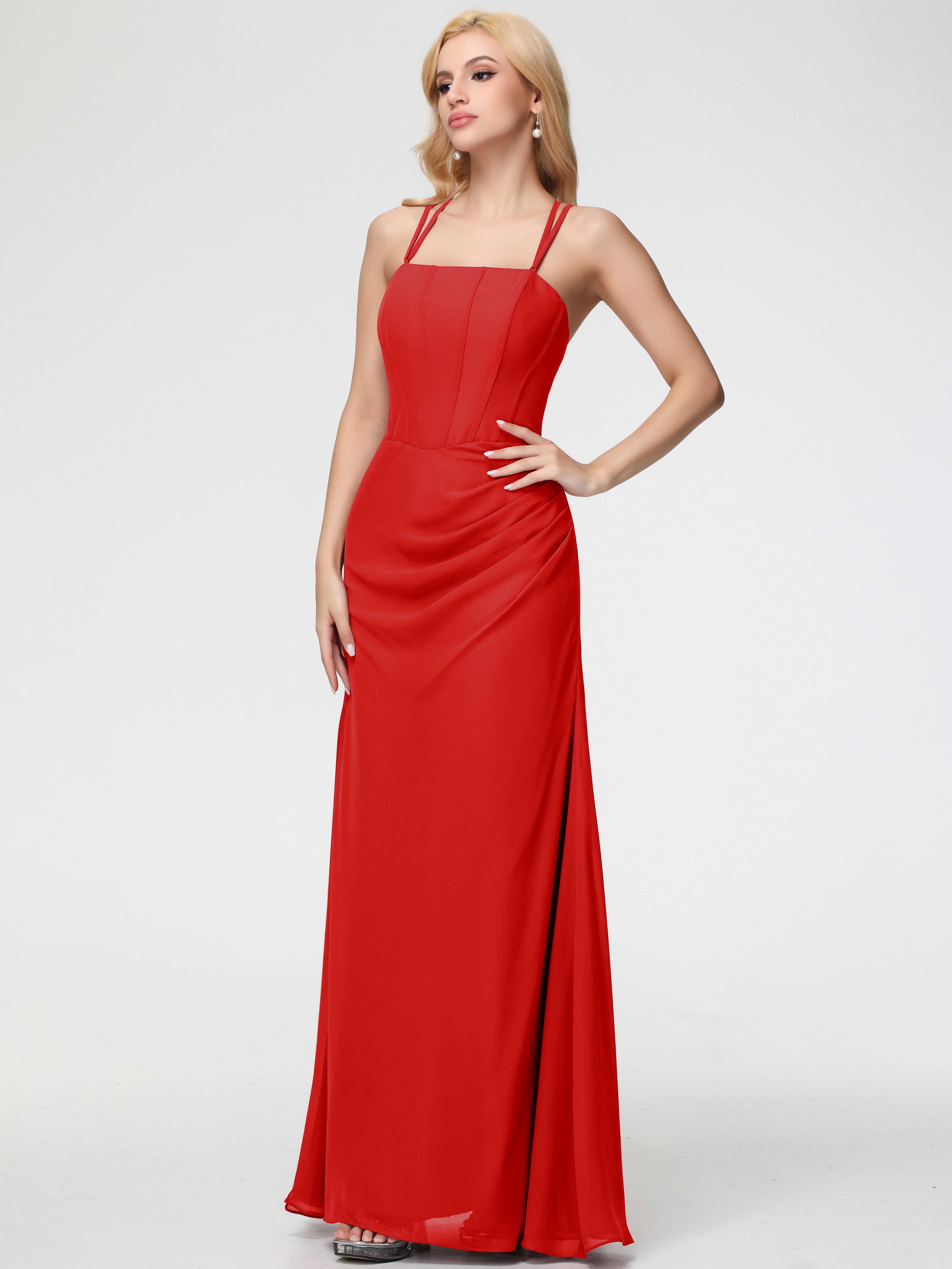 Robe Rouge Mariage Demoiselle D Honneur Bretelles Spaghetti Fourreau Mousseline Robe Demoiselle D'Honneur