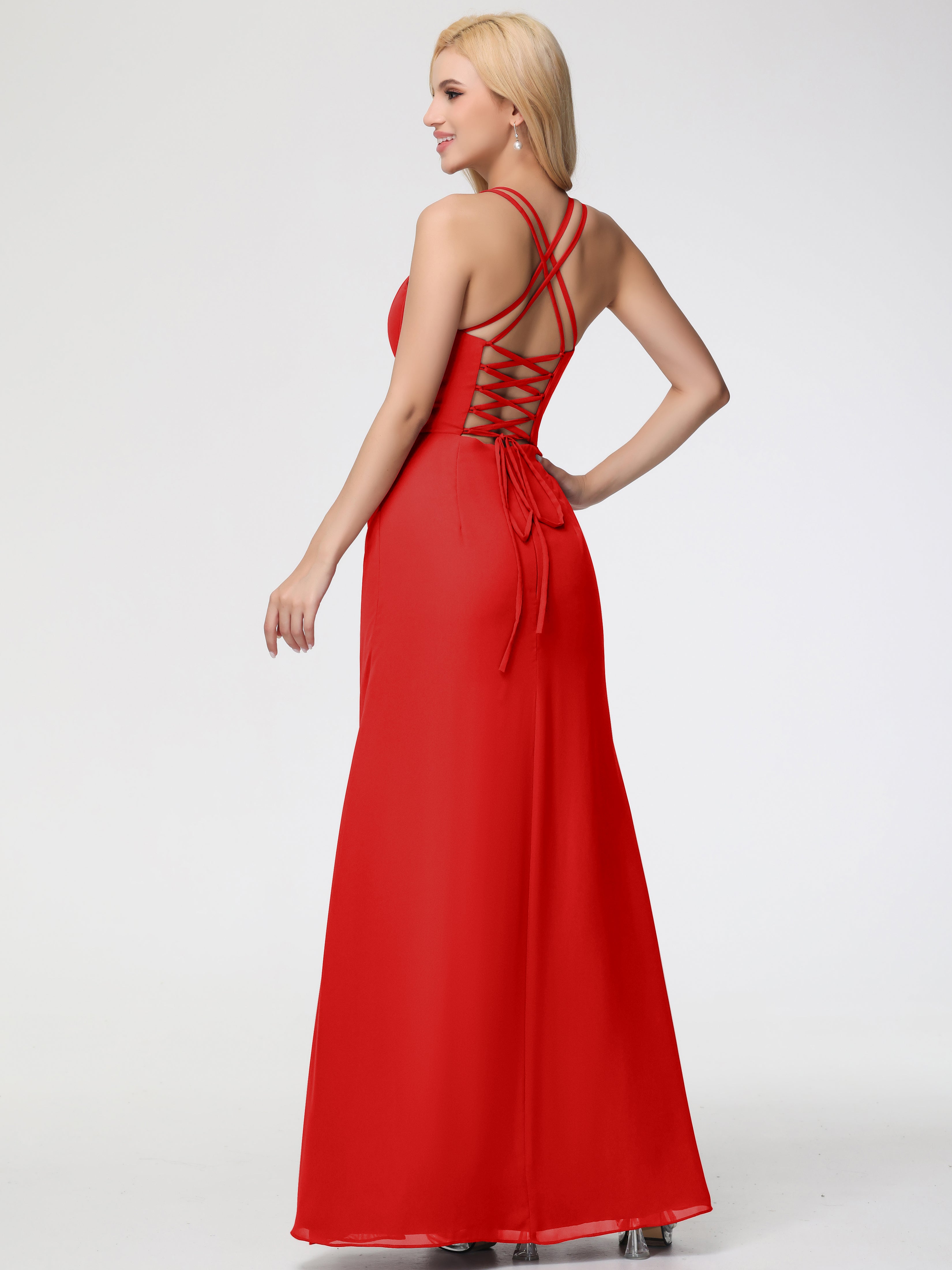 Robe Rouge Mariage Demoiselle D Honneur Bretelles Spaghetti Fourreau Mousseline Robe Demoiselle D'Honneur