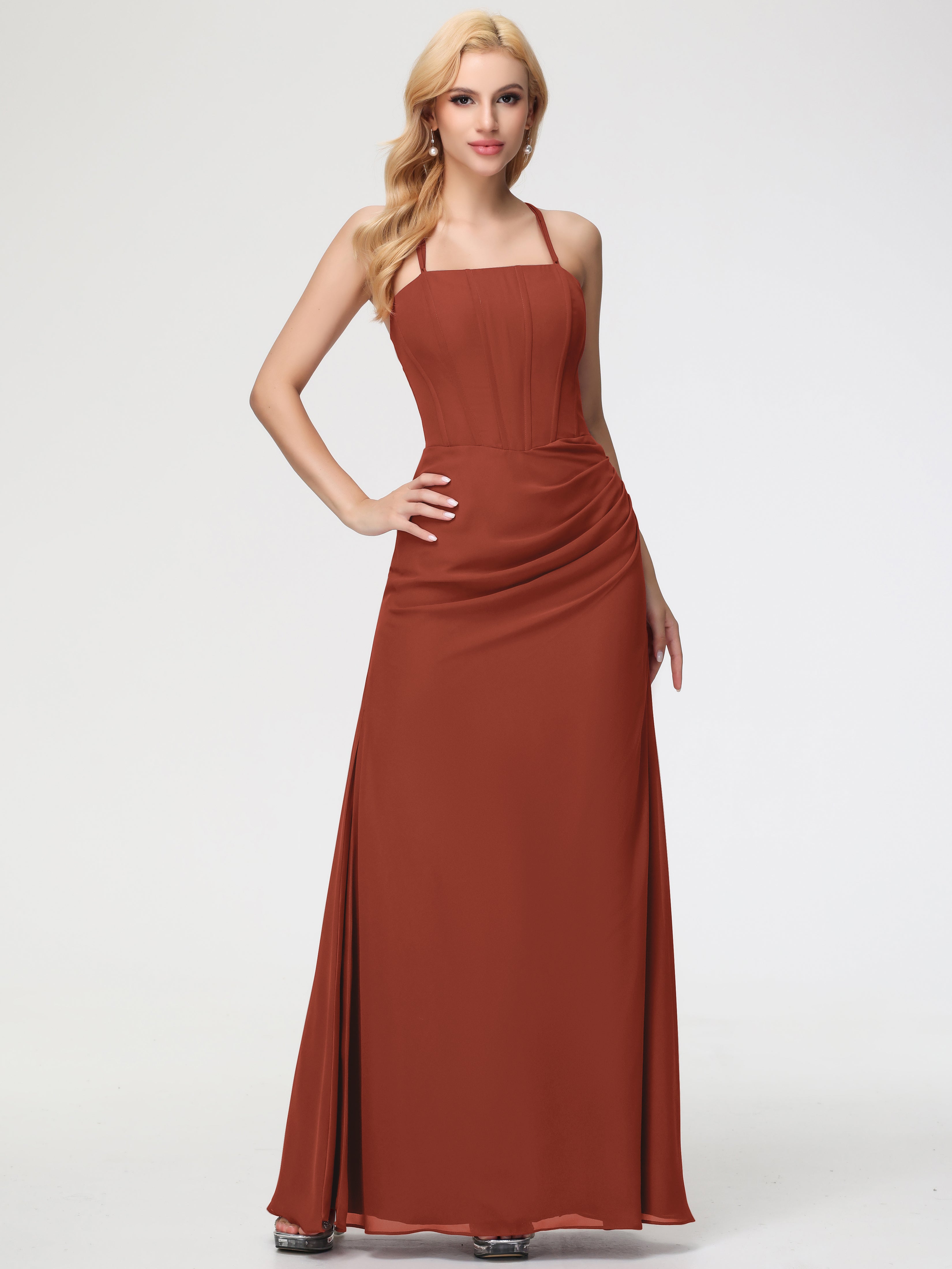 Robe Rouille Demoiselle D Honneur Bretelles Spaghetti Fourreau Mousseline Robe Demoiselle D'Honneur