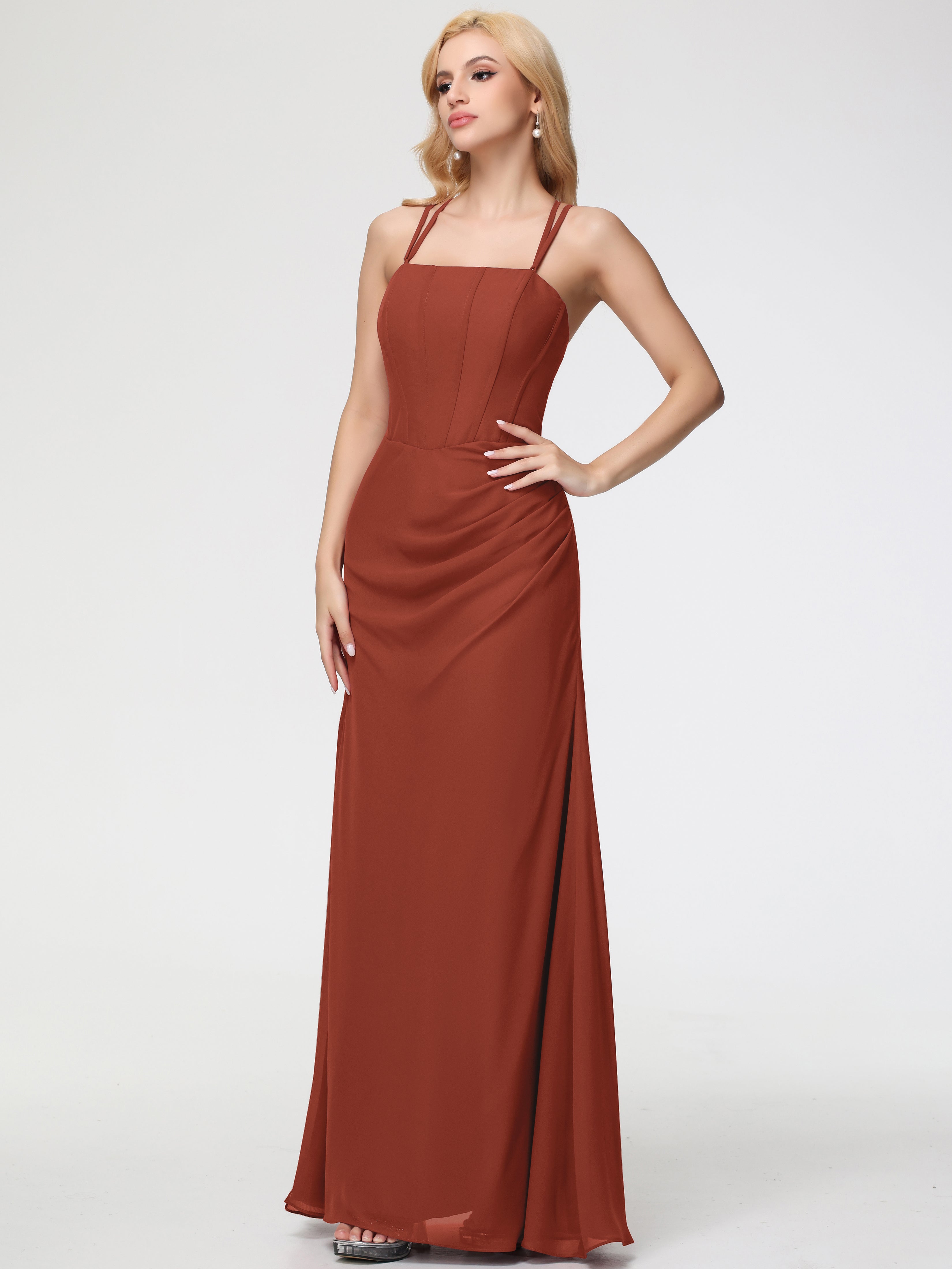 Robe Rouille Demoiselle D Honneur Bretelles Spaghetti Fourreau Mousseline Robe Demoiselle D'Honneur