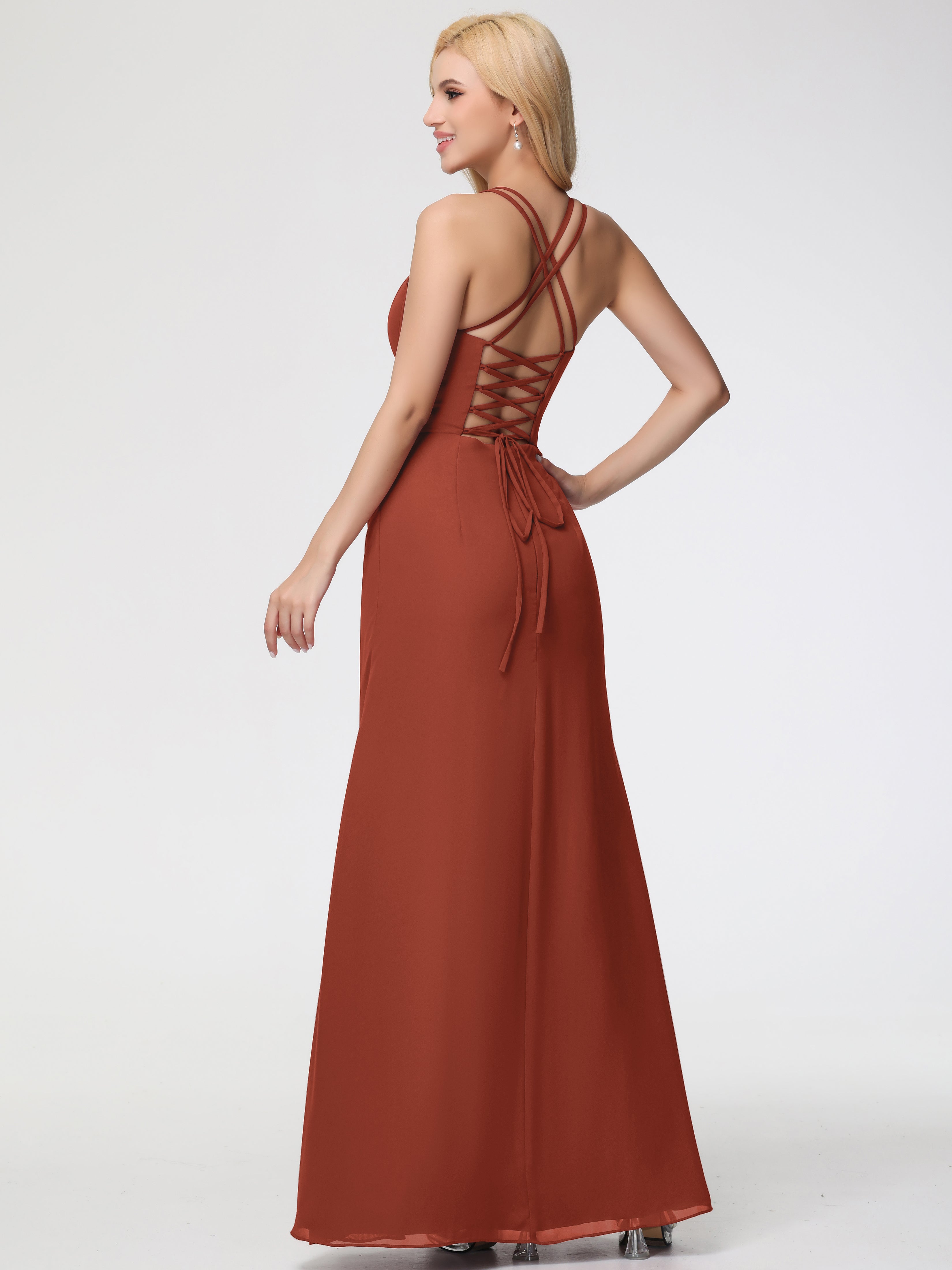 Robe Rouille Demoiselle D Honneur Bretelles Spaghetti Fourreau Mousseline Robe Demoiselle D'Honneur