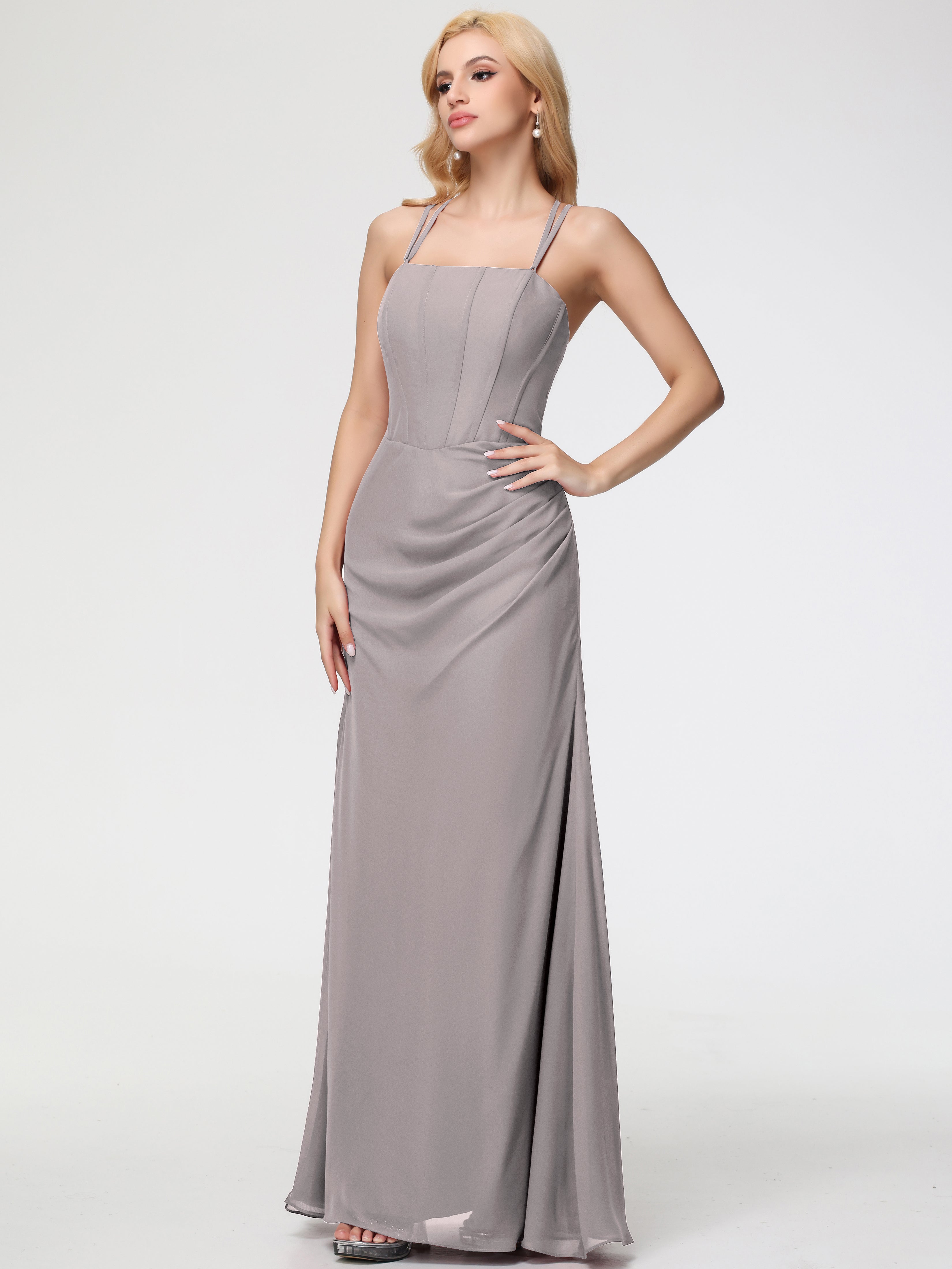 Robe Demoiselle D Honneur Argent Bretelles Spaghetti Fourreau Mousseline Robe Demoiselle D'Honneur