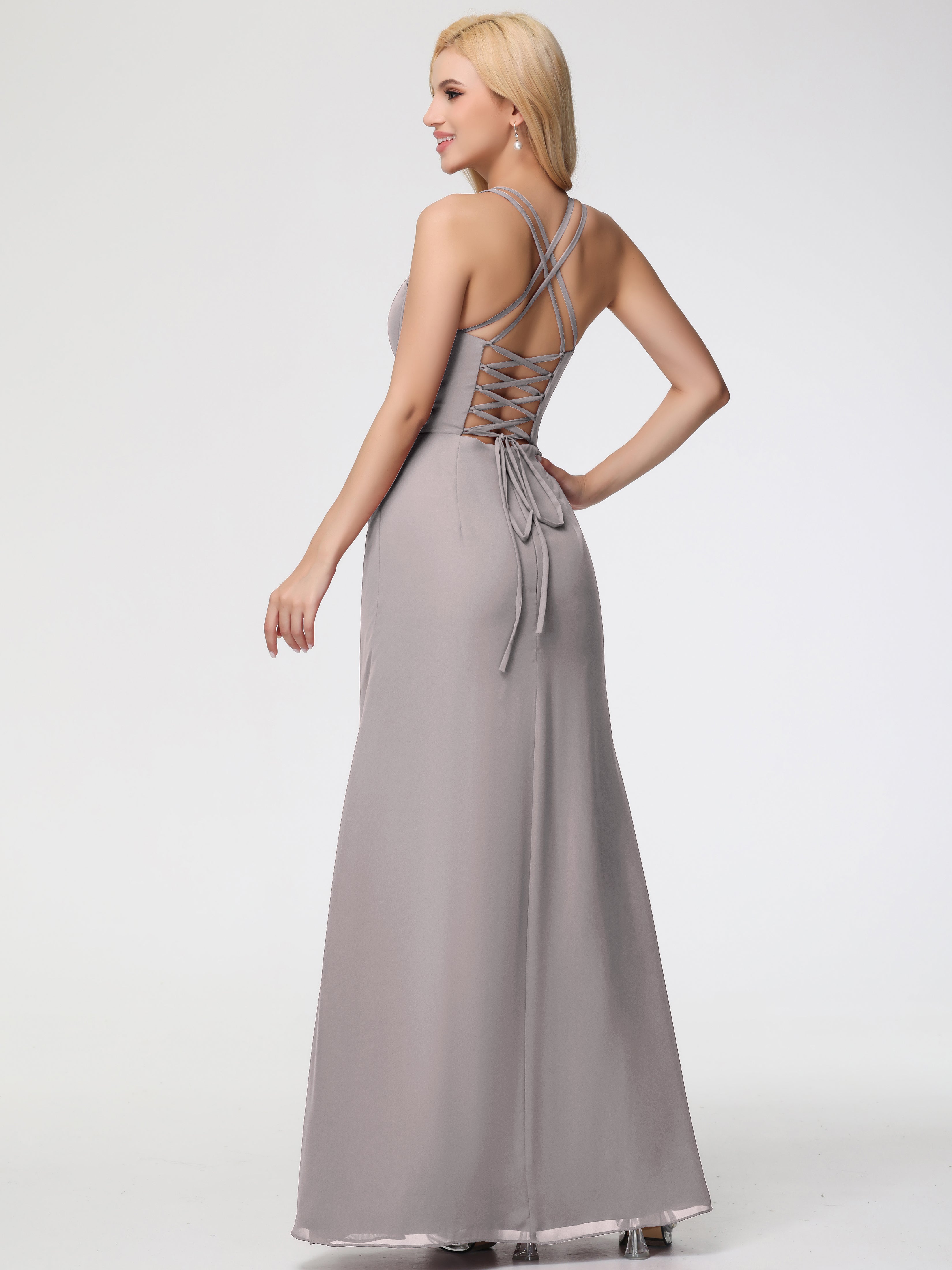 Robe Demoiselle D Honneur Argent Bretelles Spaghetti Fourreau Mousseline Robe Demoiselle D'Honneur