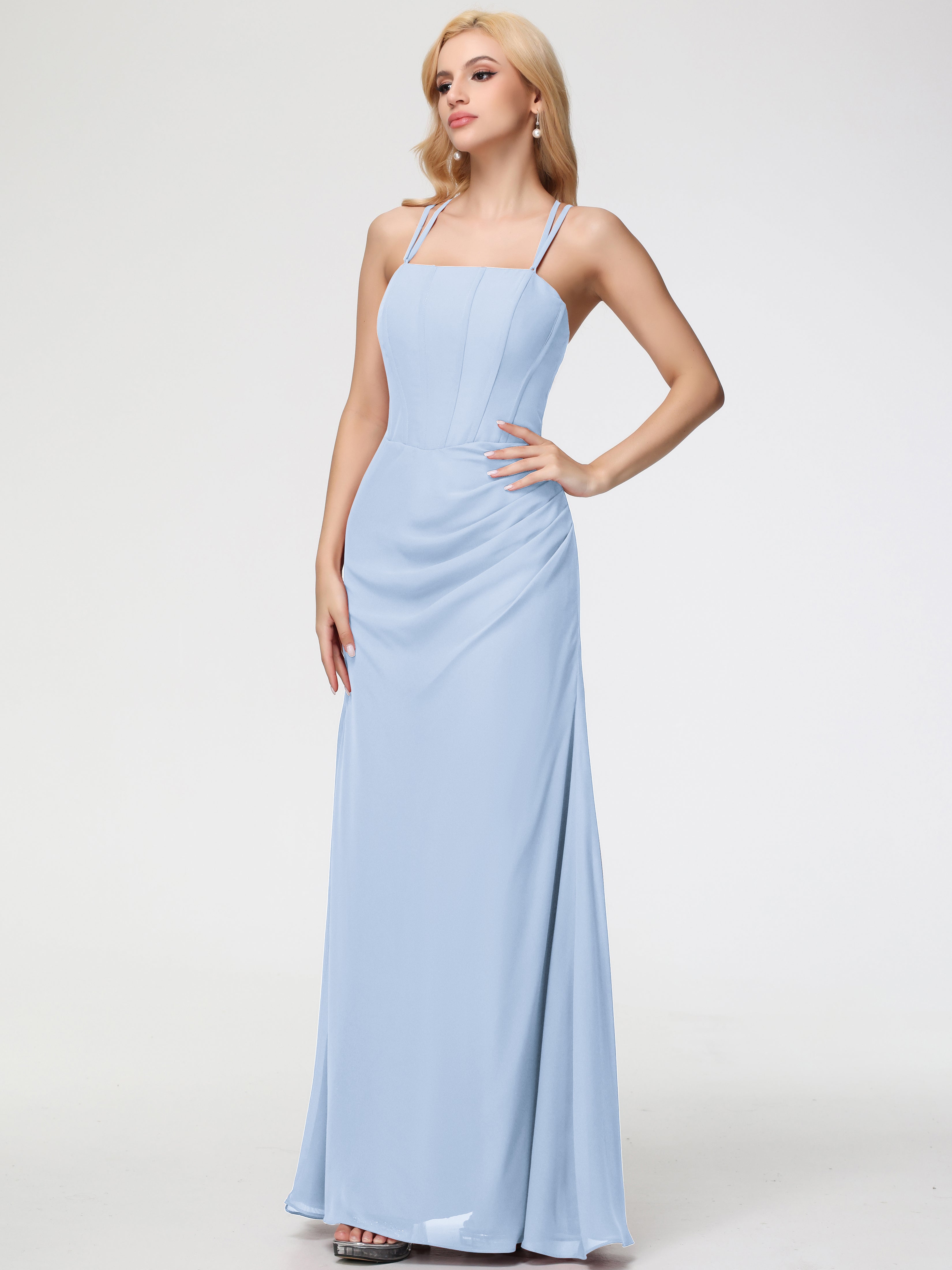 Robe Bleu Ciel Demoiselle D Honneur Bretelles Spaghetti Fourreau Mousseline Robe Demoiselle D'Honneur