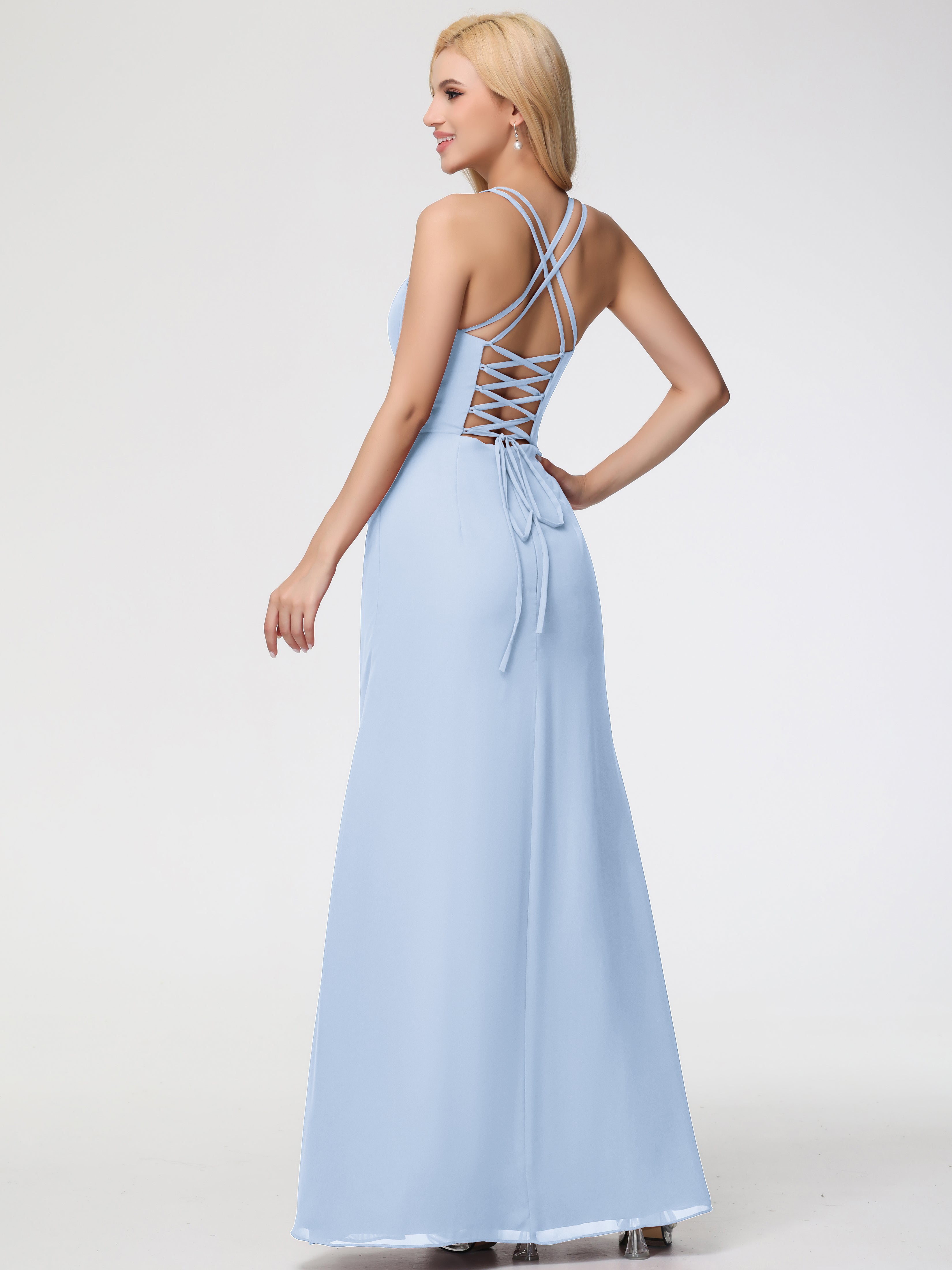 Robe Bleu Ciel Demoiselle D Honneur Bretelles Spaghetti Fourreau Mousseline Robe Demoiselle D'Honneur