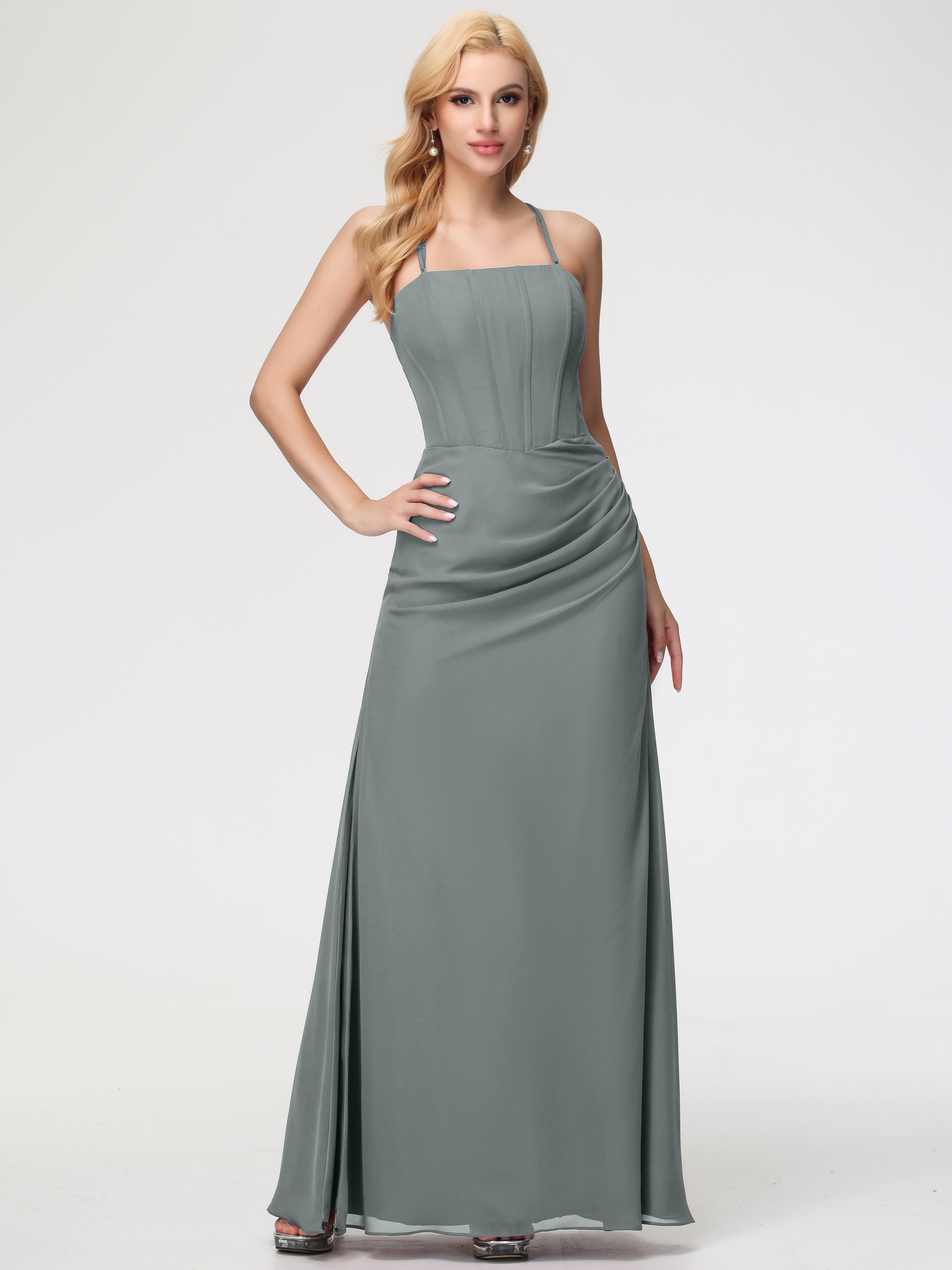 Robe Grise Demoiselle D Honneur Bretelles Spaghetti Fourreau Mousseline Robe Demoiselle D'Honneur