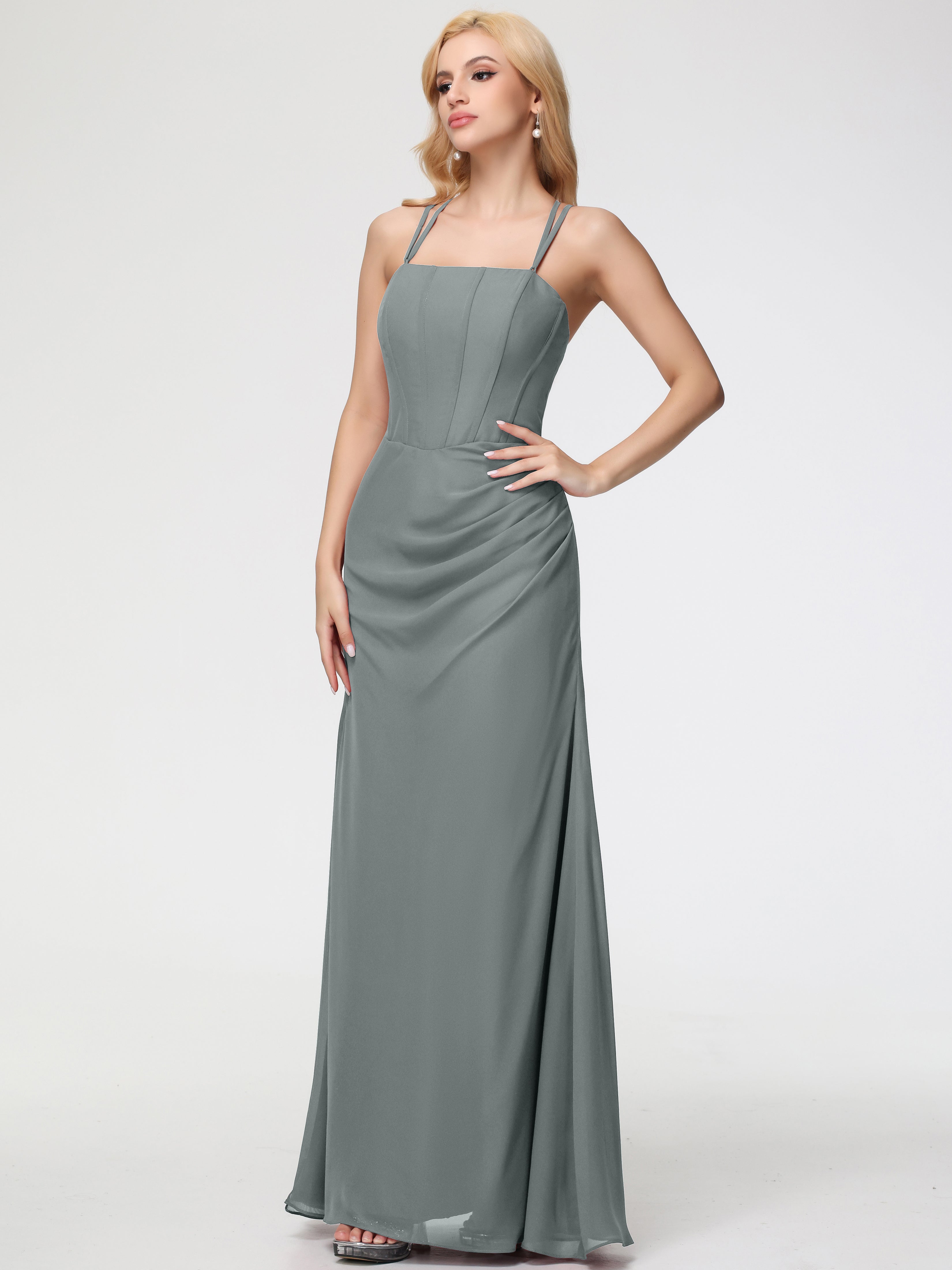 Robe Grise Demoiselle D Honneur Bretelles Spaghetti Fourreau Mousseline Robe Demoiselle D'Honneur