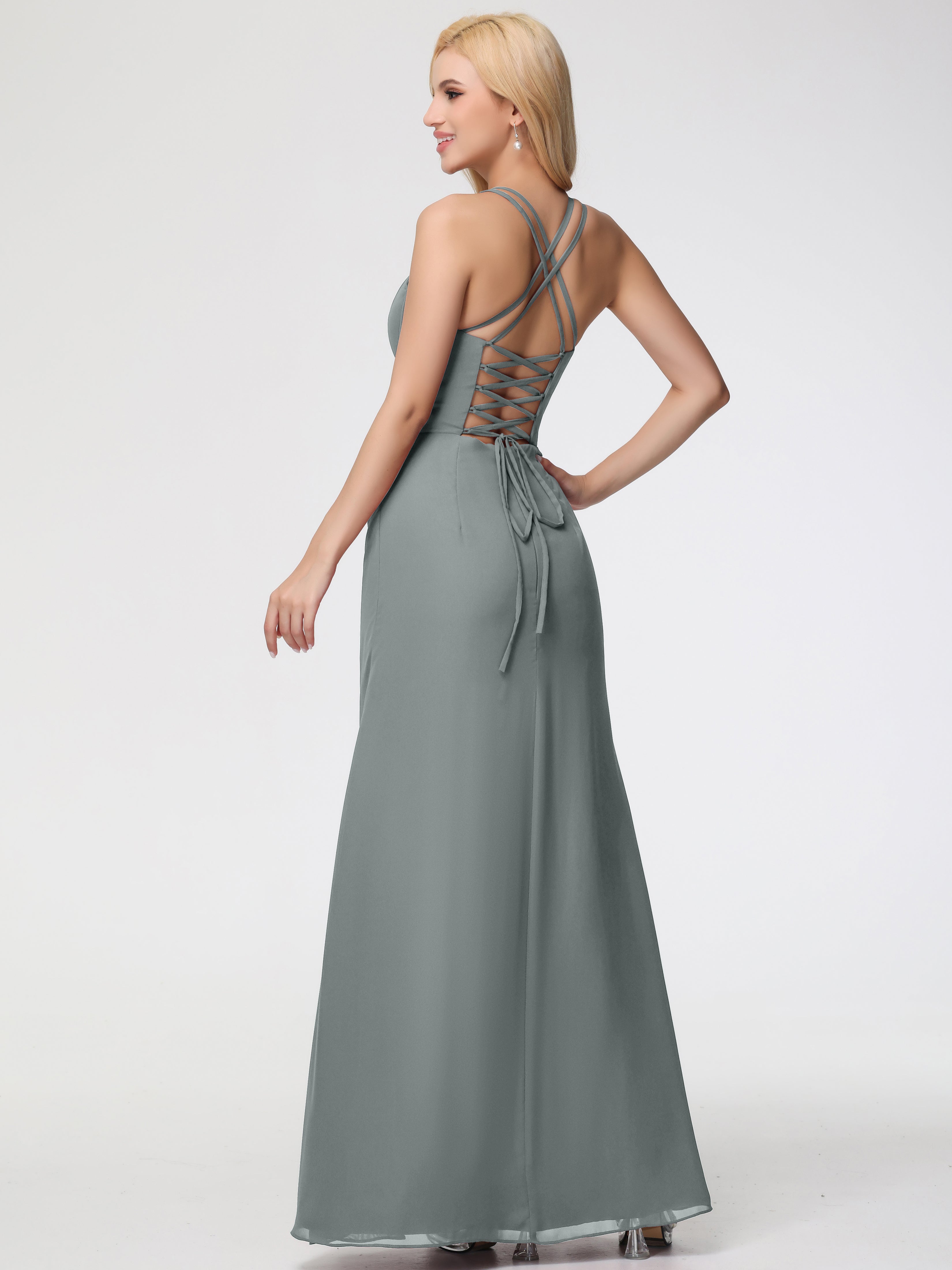 Robe Grise Demoiselle D Honneur Bretelles Spaghetti Fourreau Mousseline Robe Demoiselle D'Honneur