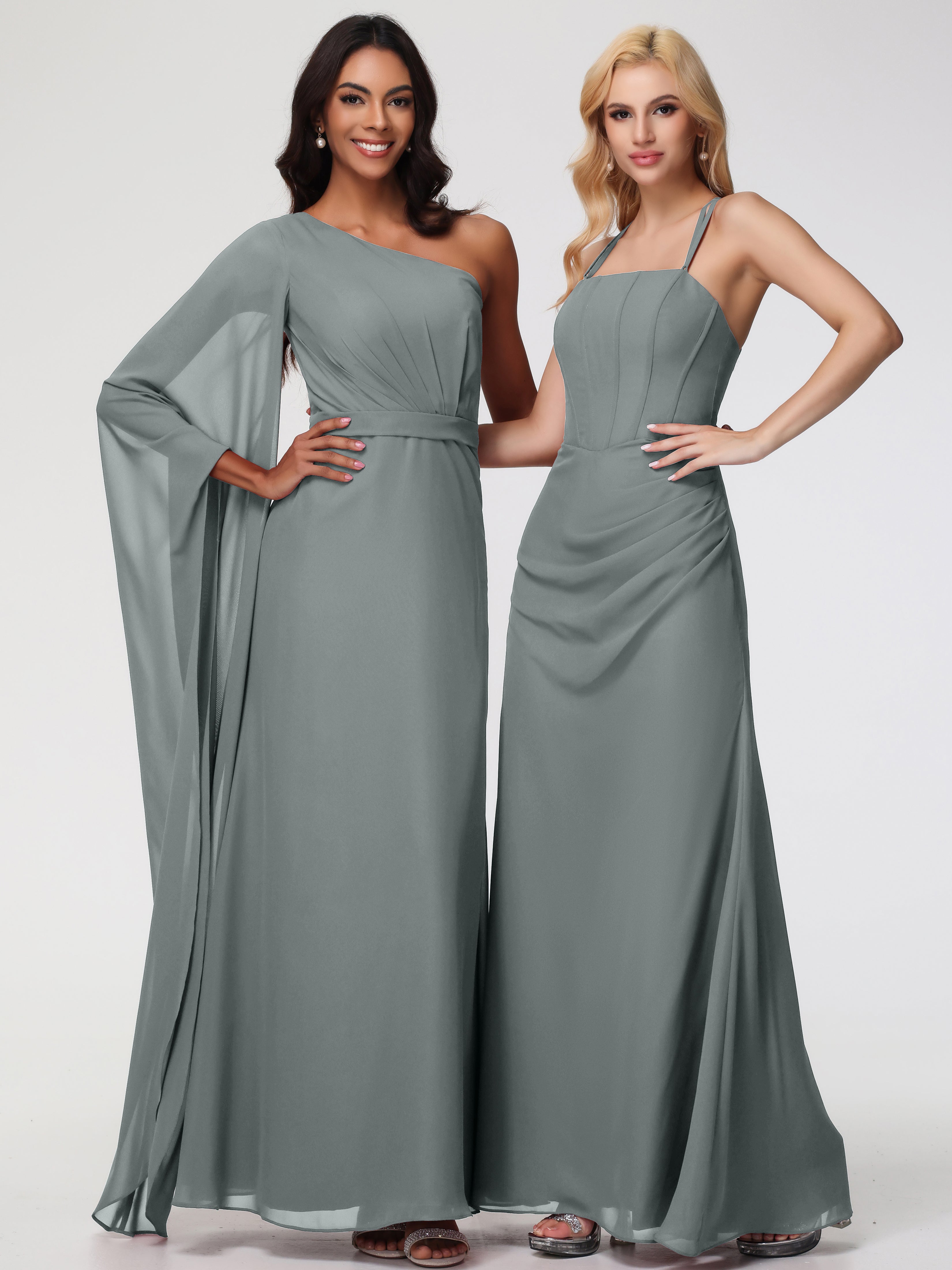 Robe Grise Demoiselle D Honneur Bretelles Spaghetti Fourreau Mousseline Robe Demoiselle D'Honneur