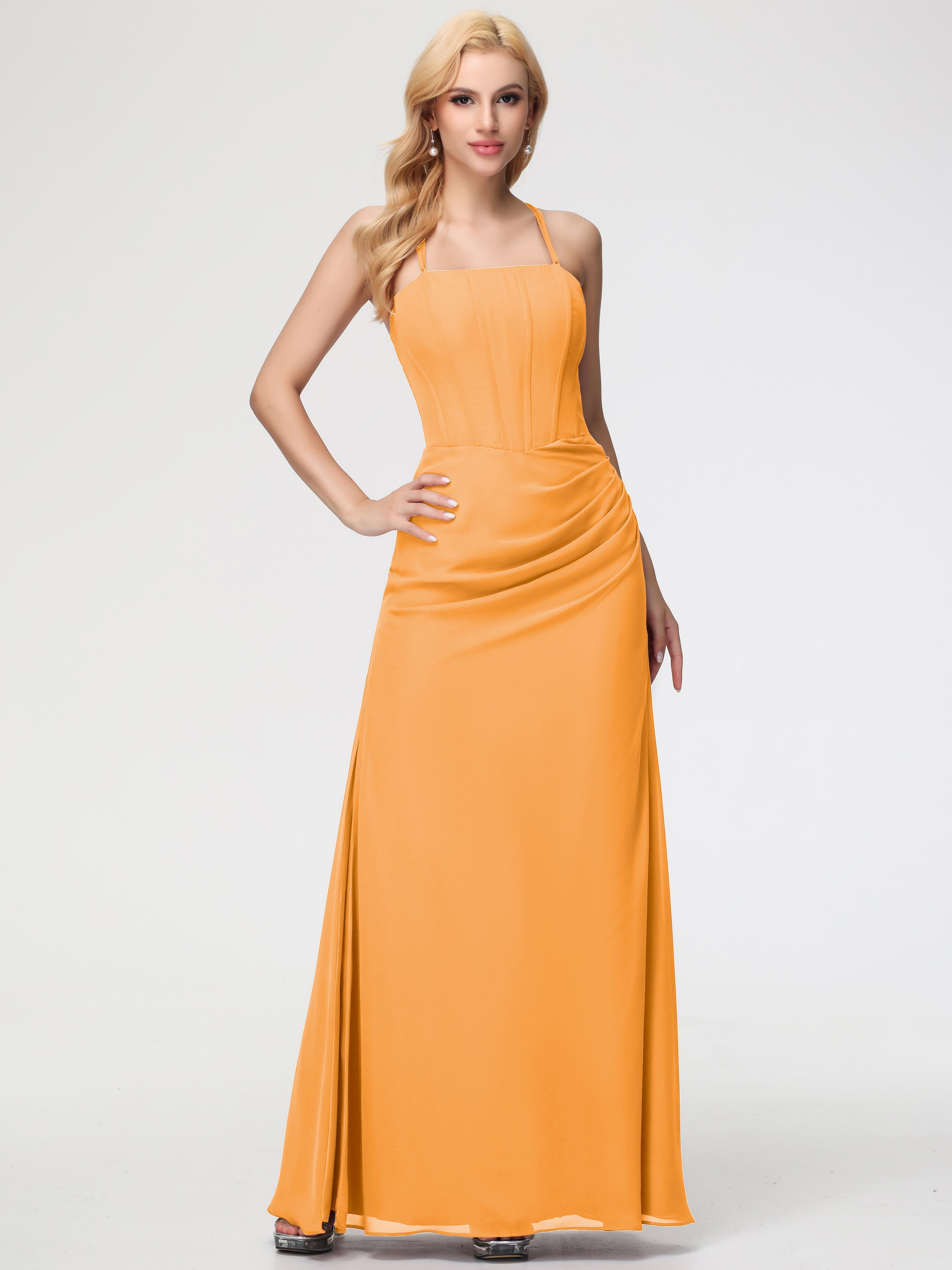 Robes De Demoiselle D'Honneur Mandarine Bretelles Spaghetti Fourreau Mousseline Robe Demoiselle D'Honneur