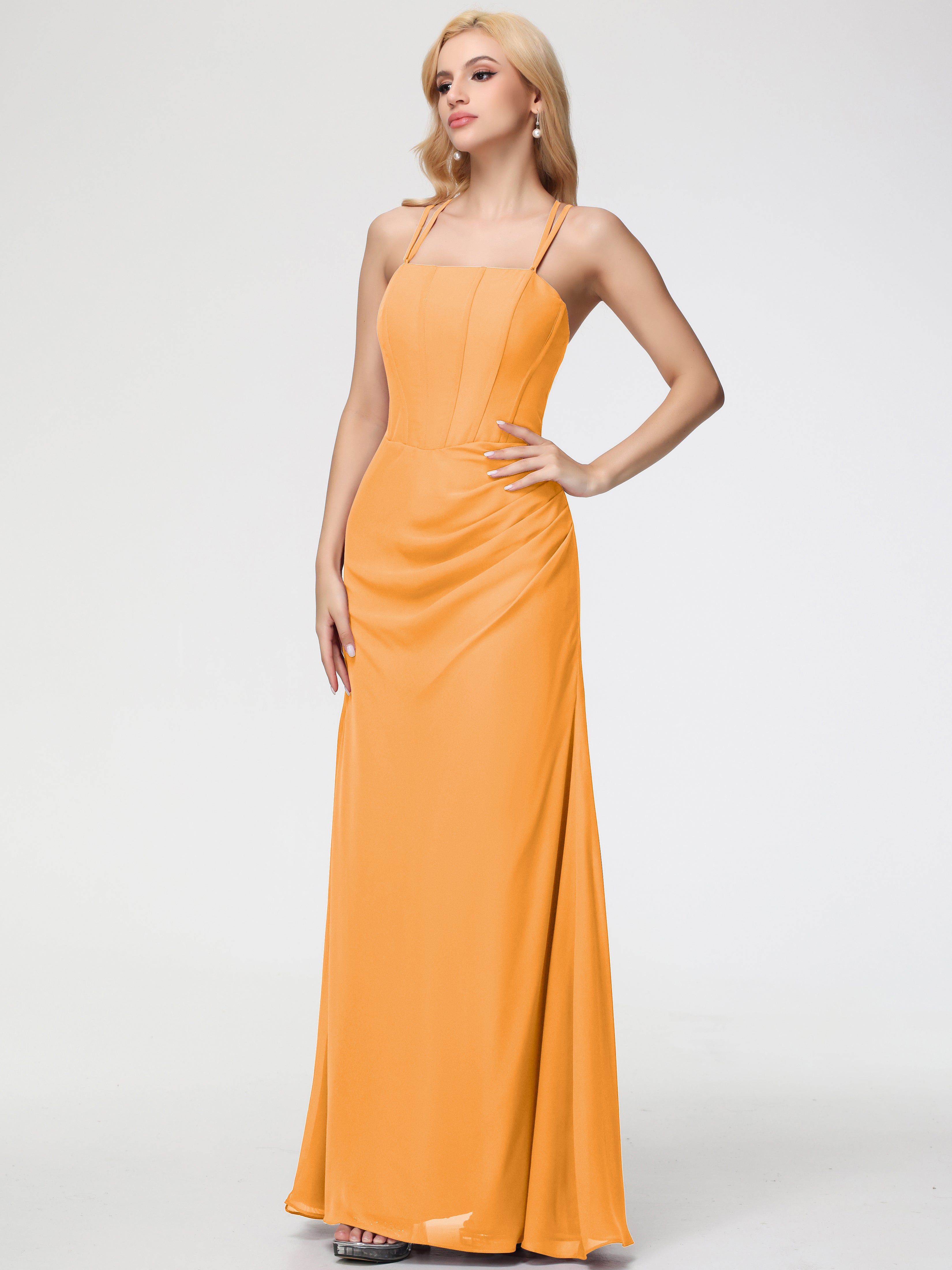 Robes De Demoiselle D'Honneur Mandarine Bretelles Spaghetti Fourreau Mousseline Robe Demoiselle D'Honneur