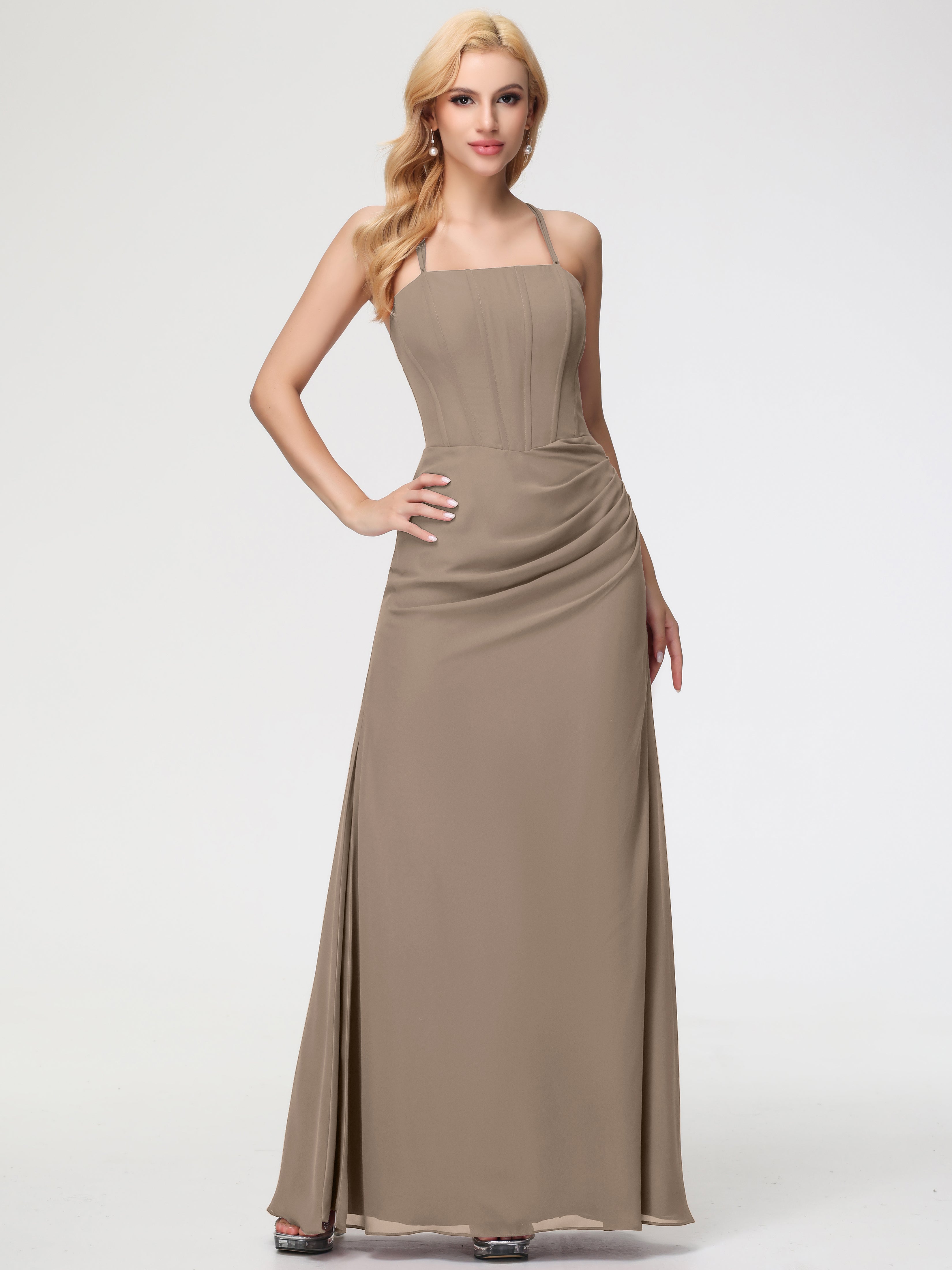 Robe Taupe Demoiselle D Honneur Bretelles Spaghetti Fourreau Mousseline Robe Demoiselle D'Honneur