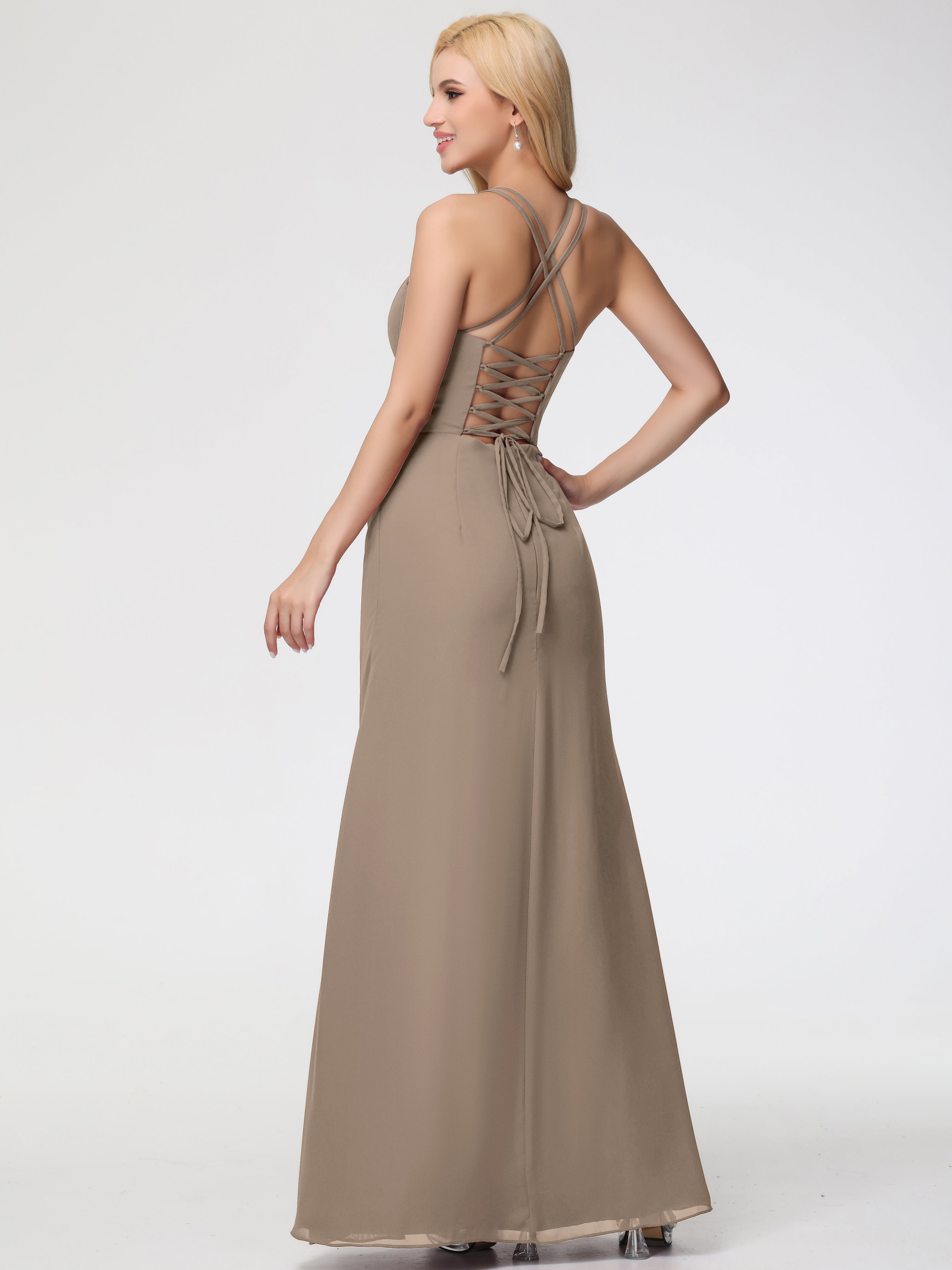 Robe Taupe Demoiselle D Honneur Bretelles Spaghetti Fourreau Mousseline Robe Demoiselle D'Honneur