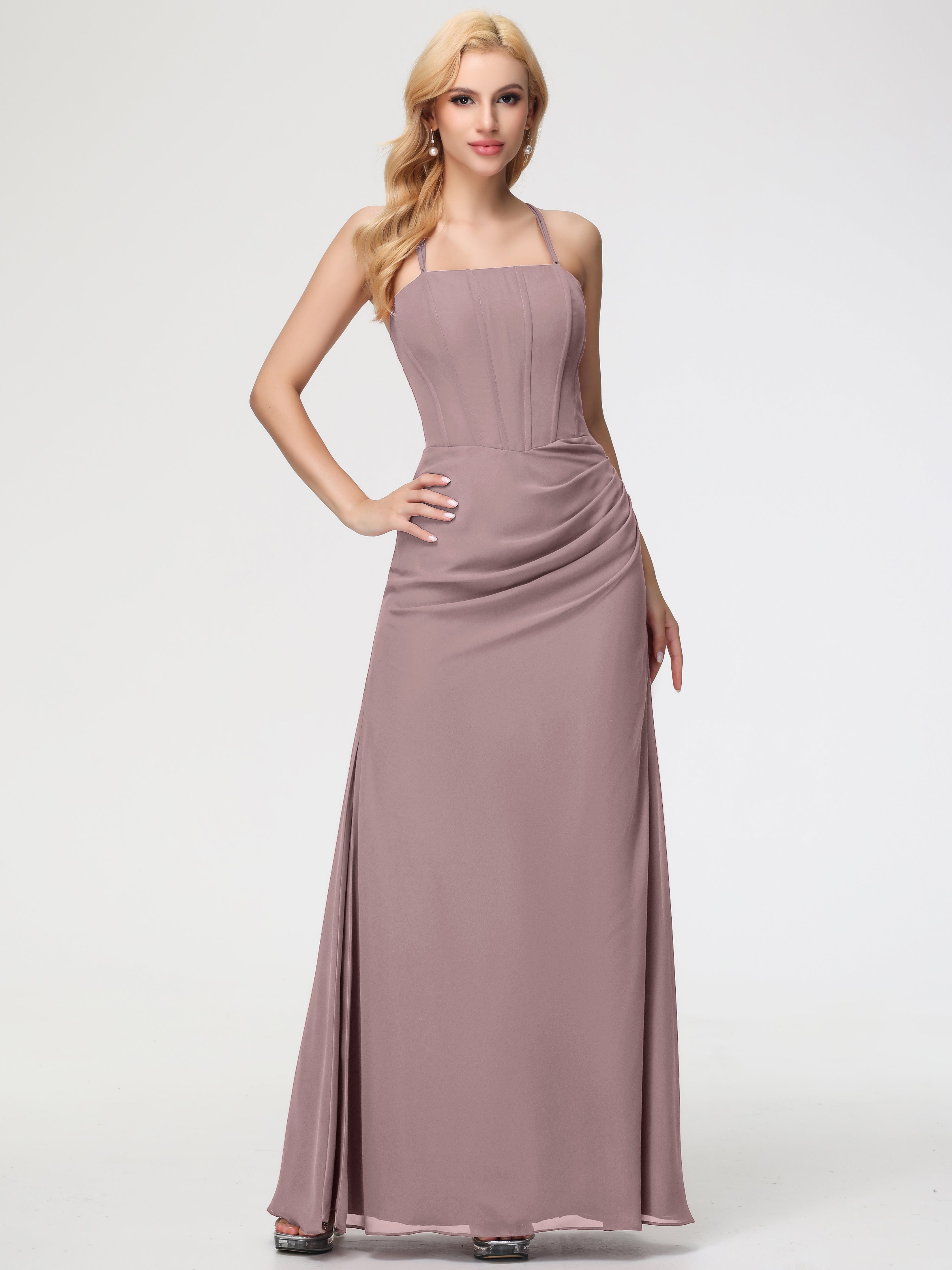 Robes De Demoiselle D'Honneur Mauve Foncé Bretelles Spaghetti Fourreau Mousseline Robe Demoiselle D'Honneur