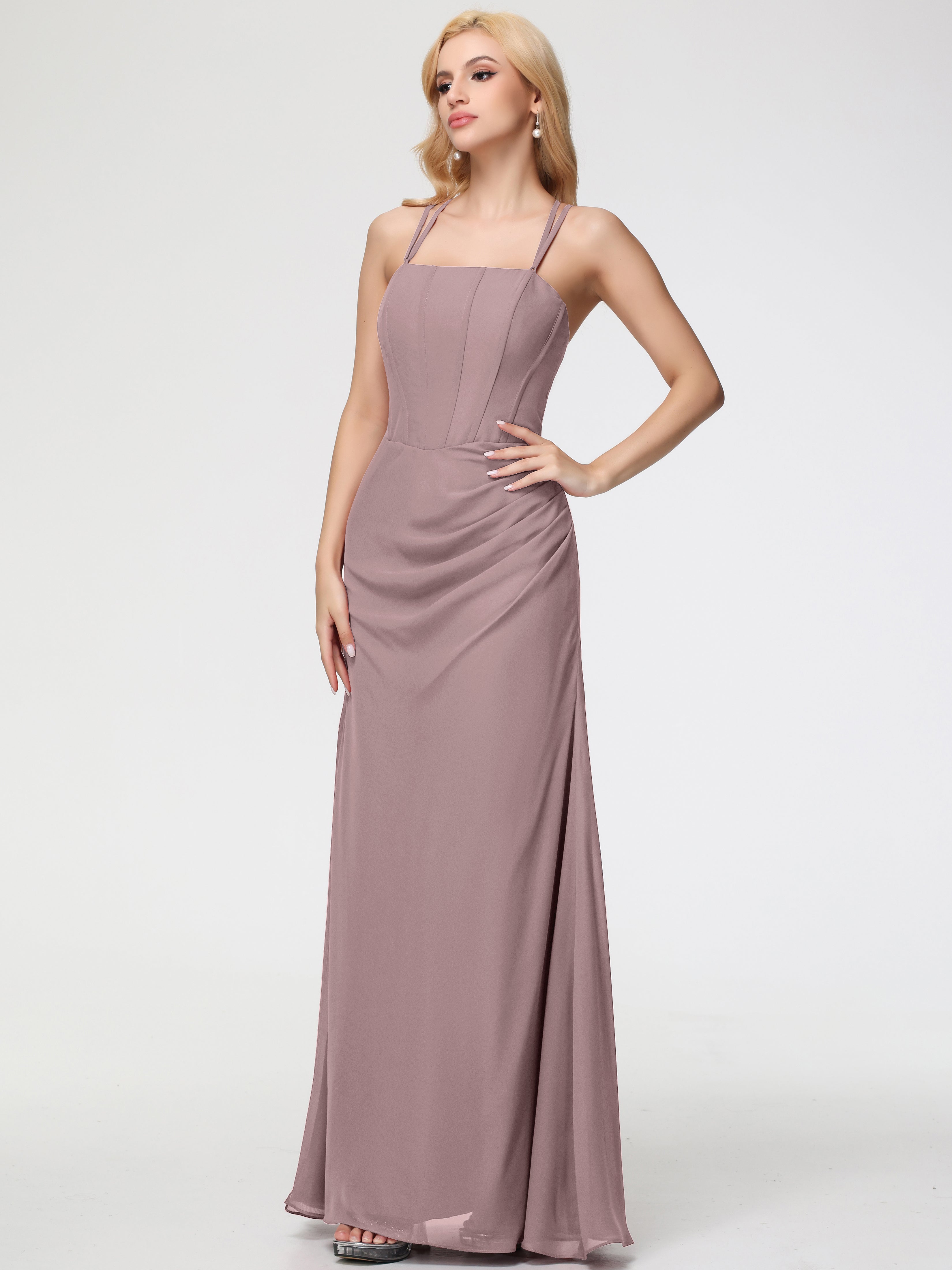 Robes De Demoiselle D'Honneur Mauve Foncé Bretelles Spaghetti Fourreau Mousseline Robe Demoiselle D'Honneur