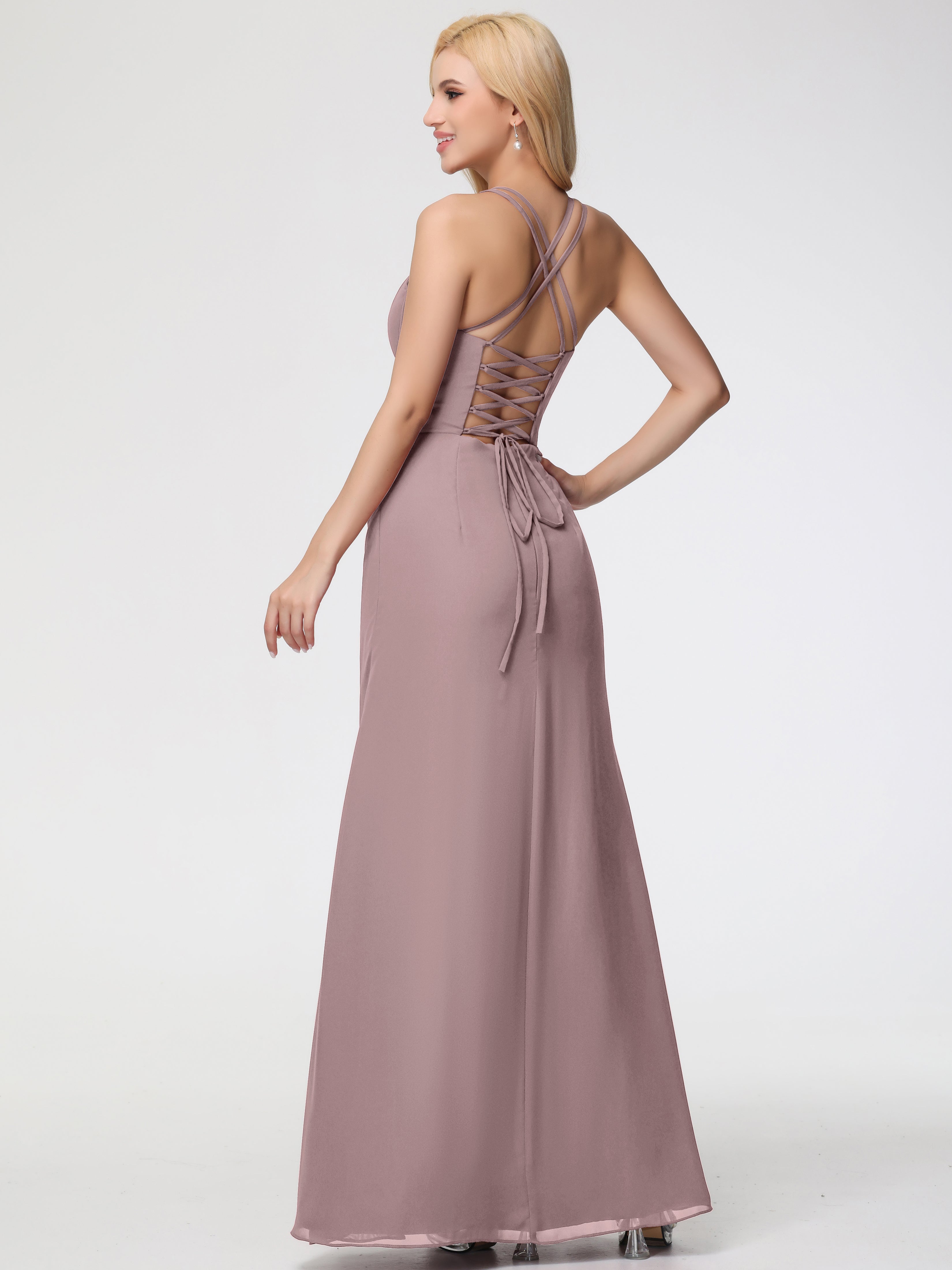 Robes De Demoiselle D'Honneur Mauve Foncé Bretelles Spaghetti Fourreau Mousseline Robe Demoiselle D'Honneur