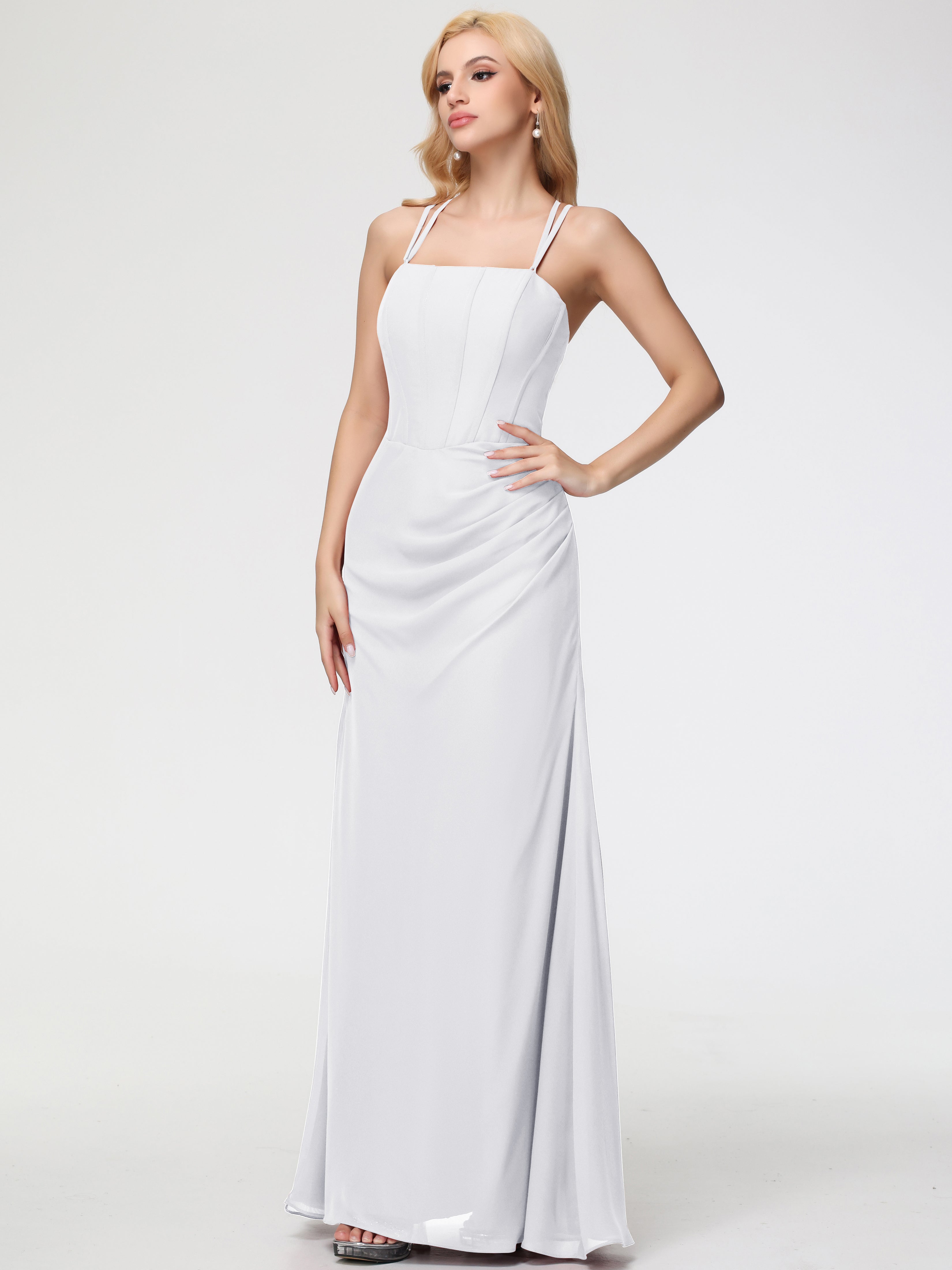 Robe Demoiselle D Honneur Blanc Bretelles Spaghetti Fourreau Mousseline Robe Demoiselle D'Honneur