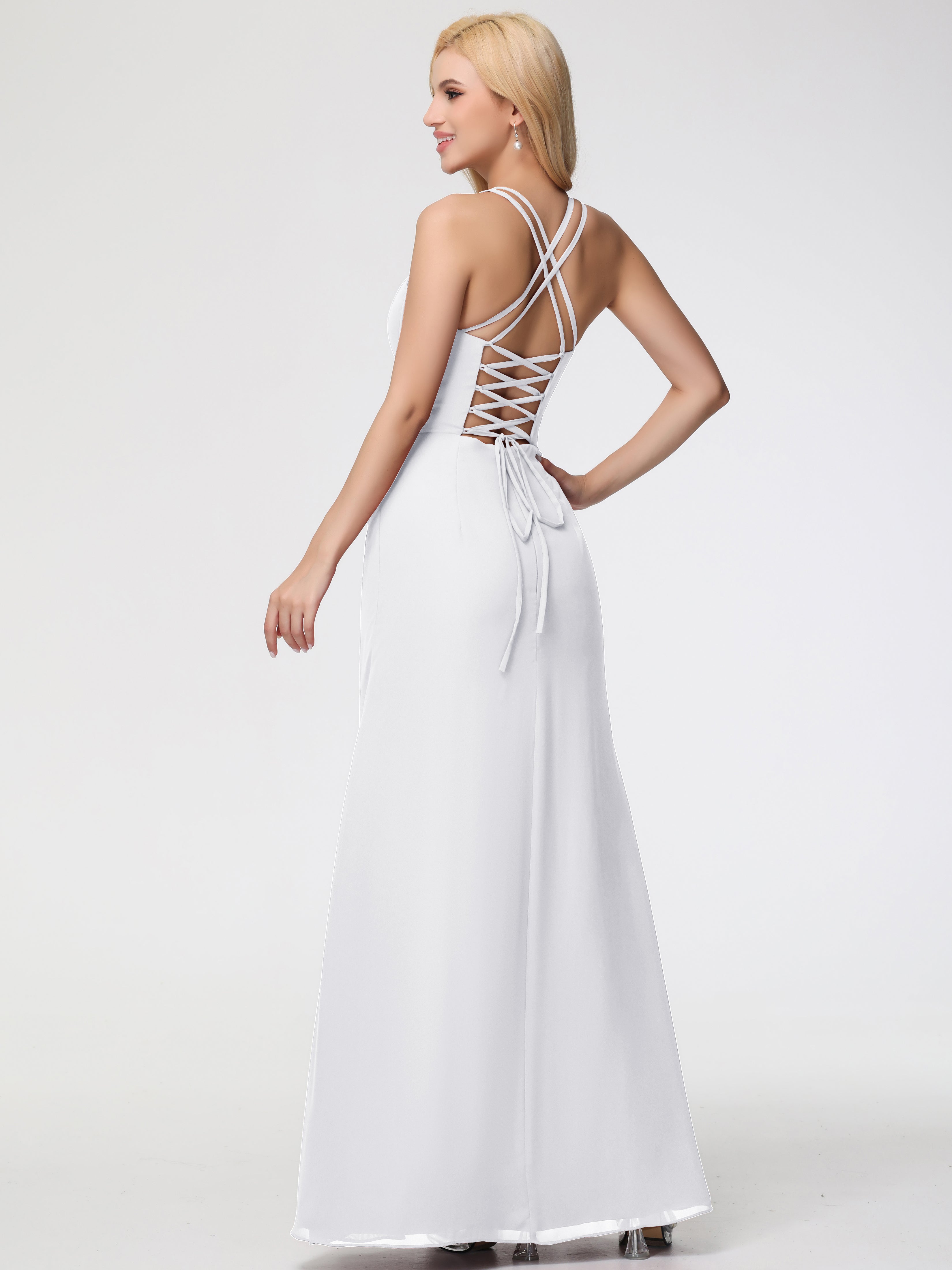 Robe Demoiselle D Honneur Blanc Bretelles Spaghetti Fourreau Mousseline Robe Demoiselle D'Honneur