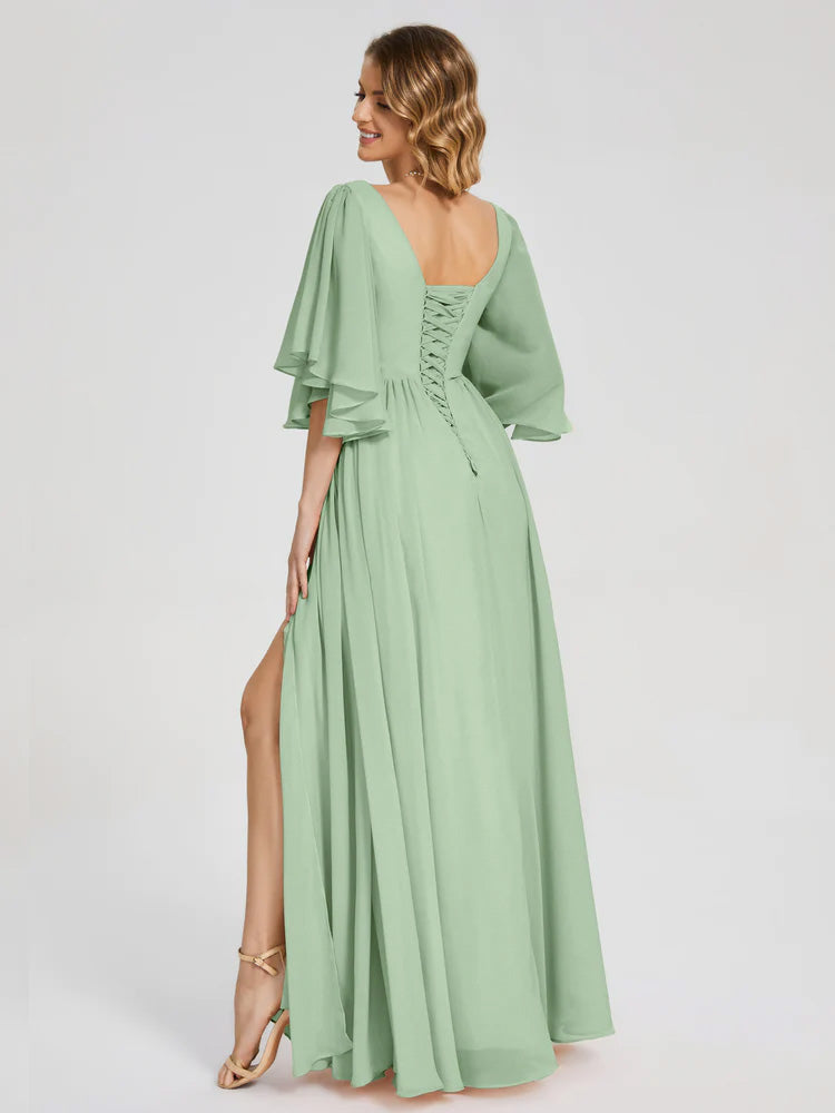 Toutes Les Robes De Demoiselle D'Honneur De Sauge Poussiéreuse Demi Manches Mousseline Robes Demoiselle D'Honneur À Lacet