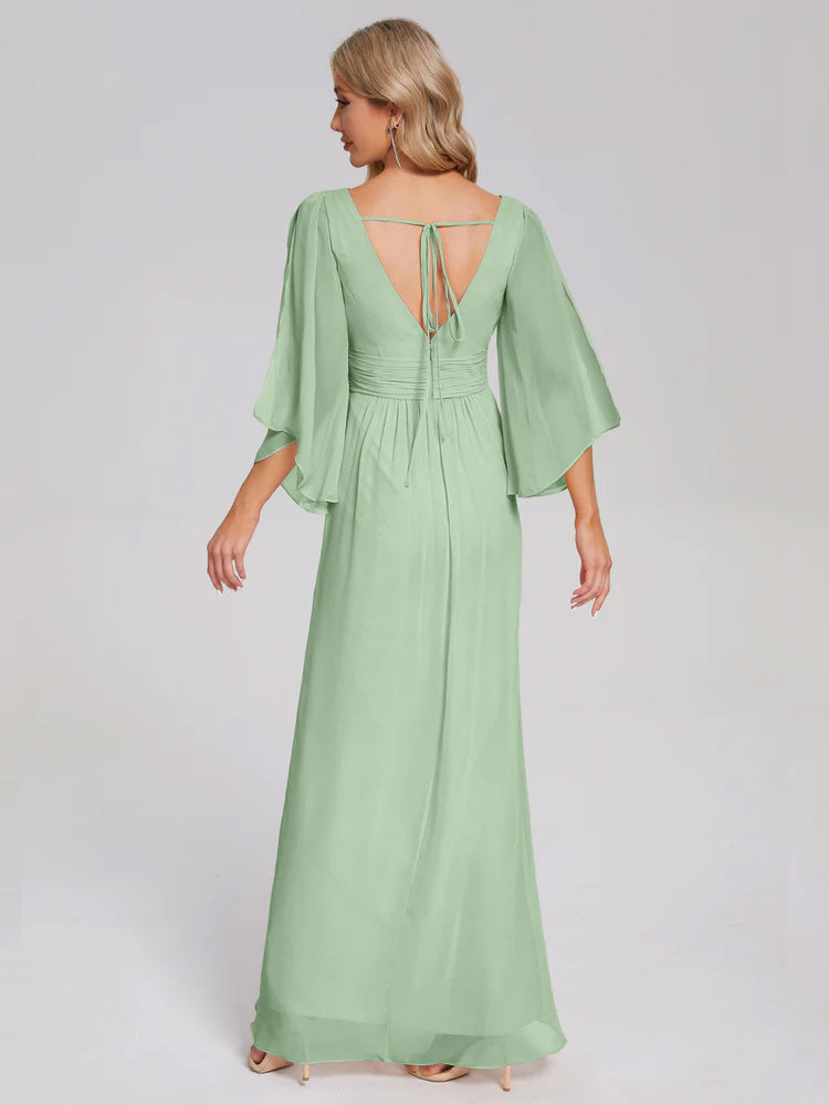 Robes De Demoiselle D'Honneur Vert Sauge Poussiéreux Demi Manches Col V Fendue Mousseline Robes Demoiselle D'Honneur