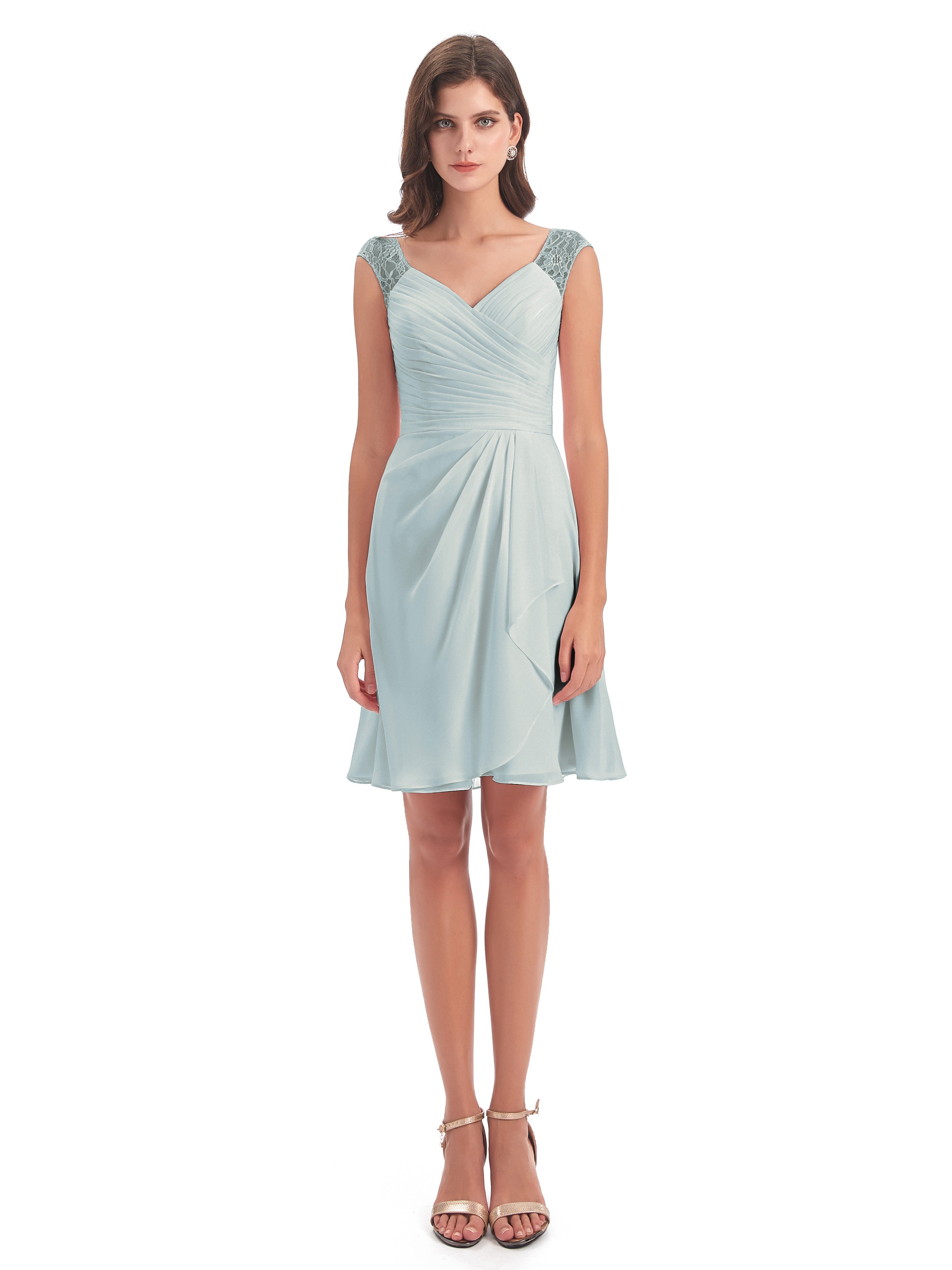 Robes De Demoiselle D'Honneur Celadon Courte Dentelle/Mousseline Robes Demoiselle D'Honneur Avec Plissé