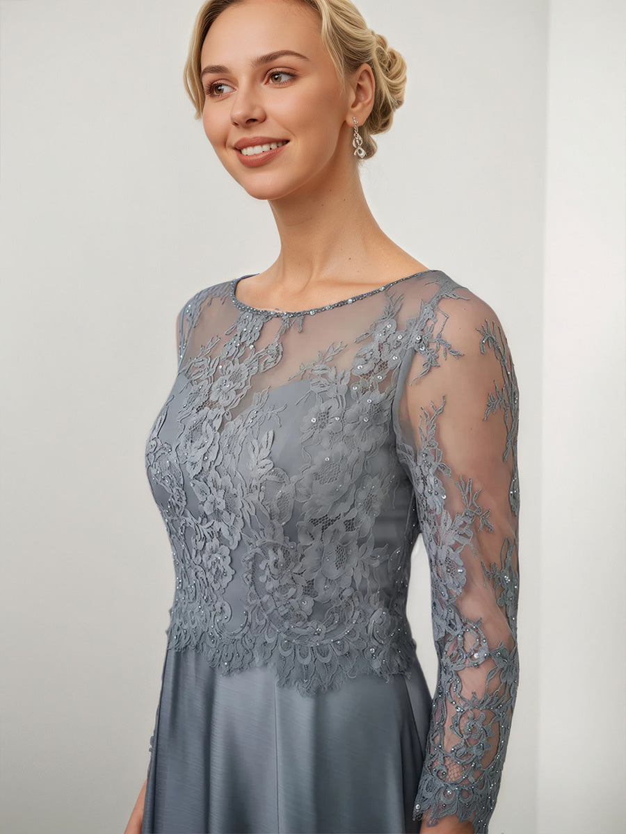 Cicinia Gris Robe pour Mère de la Mariée Longue en Satin Doux et Dentelle A-Line Longueur Sol