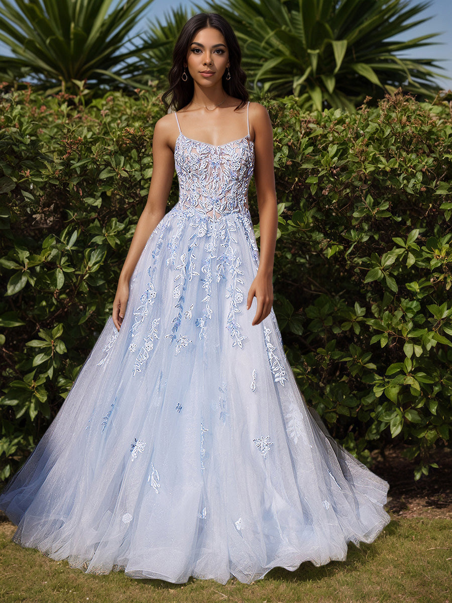 Cicinia Bleu Ciel Robe de Soirée en Tulle Transparent à Bretelles Spaghetti Exquise