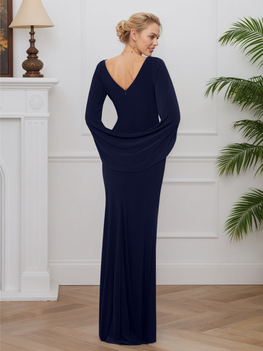 Cicinia Bleu Marine Robe pour Mère de la Mariée Longue en Tissu Extensible Fourreau Longueur Sol