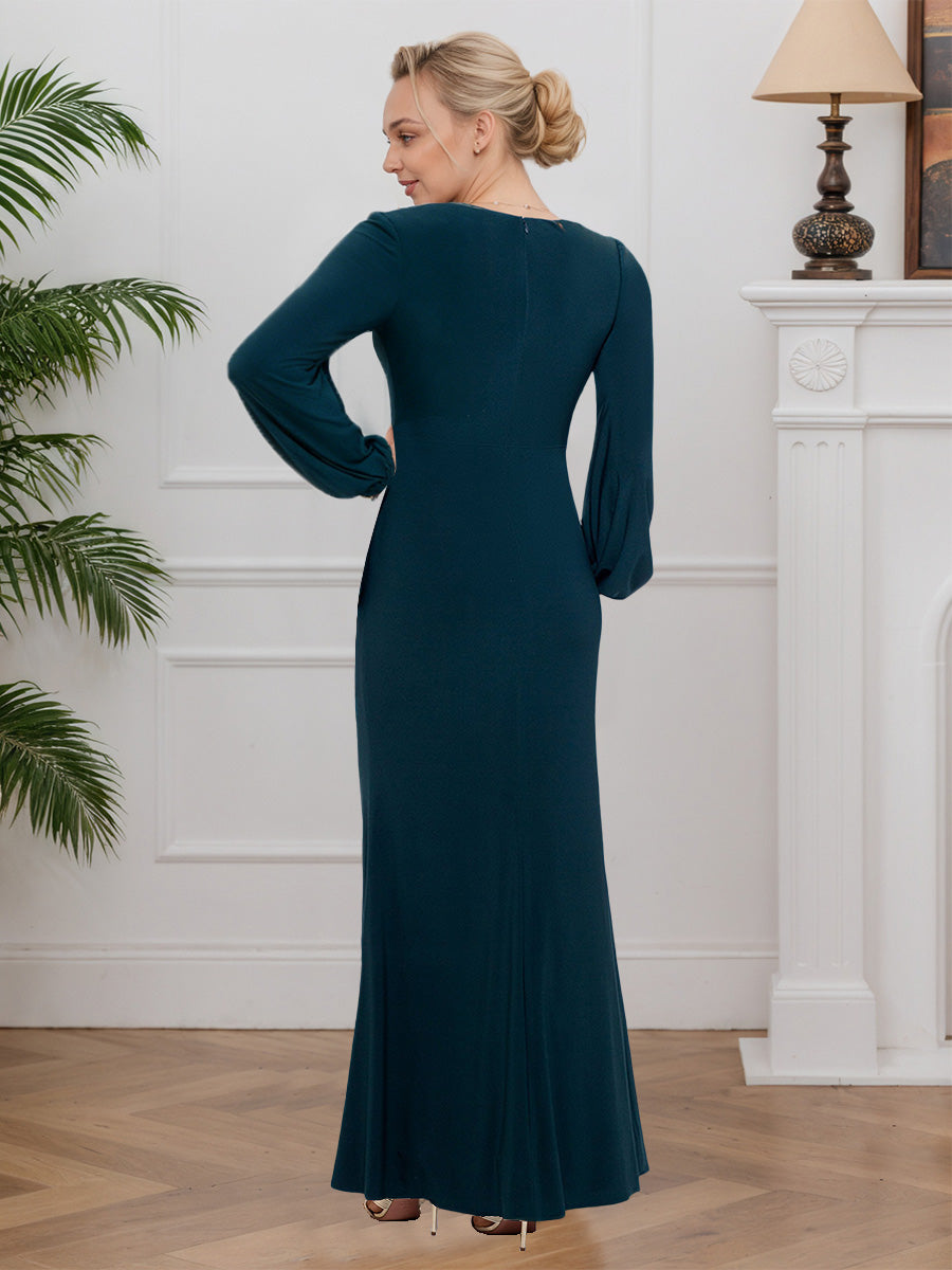 Cicinia Paon Robe pour Mère de la Mariée Longue en Tissu Extensible Sheath Décolleté en V Manches Longues