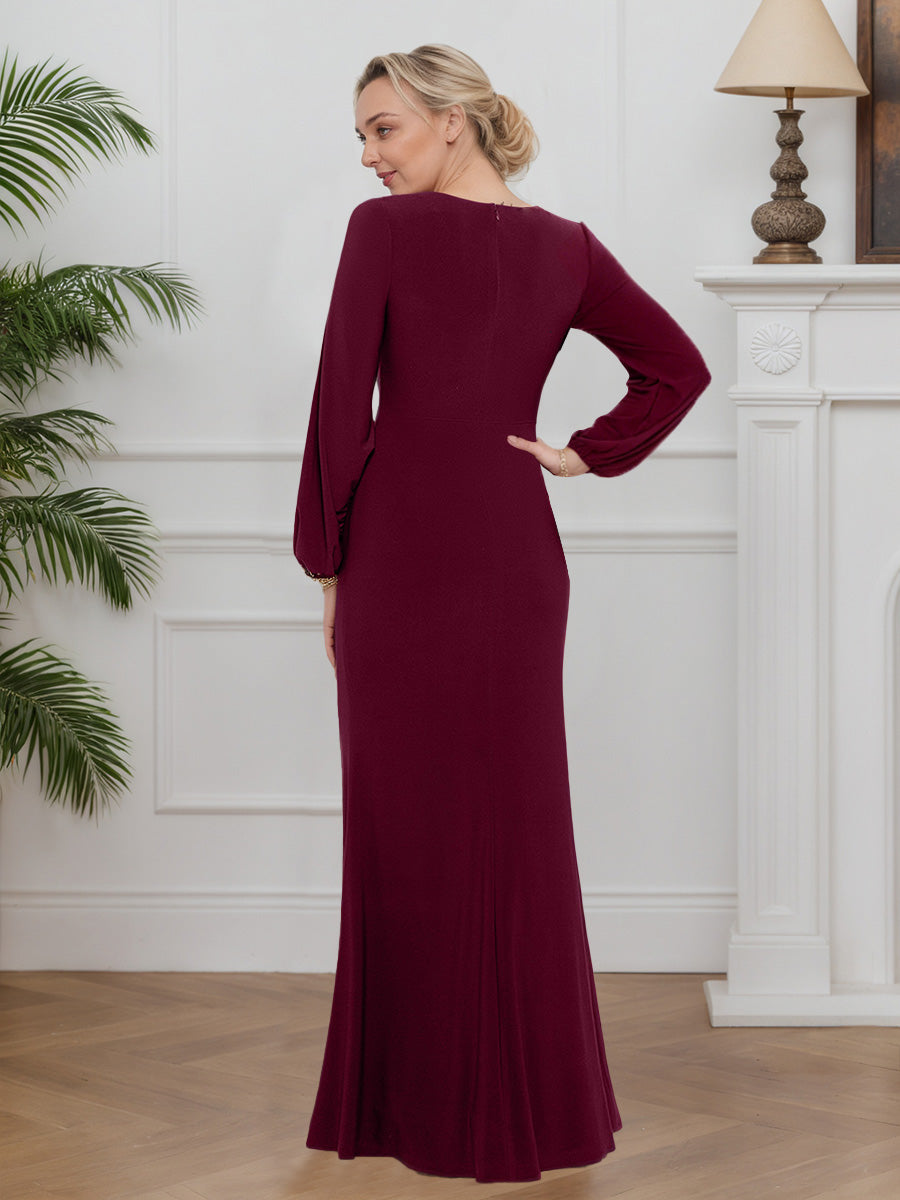 Cicinia BORDEAUX Robe pour Mère de la Mariée Longue en Tissu Extensible Sheath Décolleté en V Manches Longues