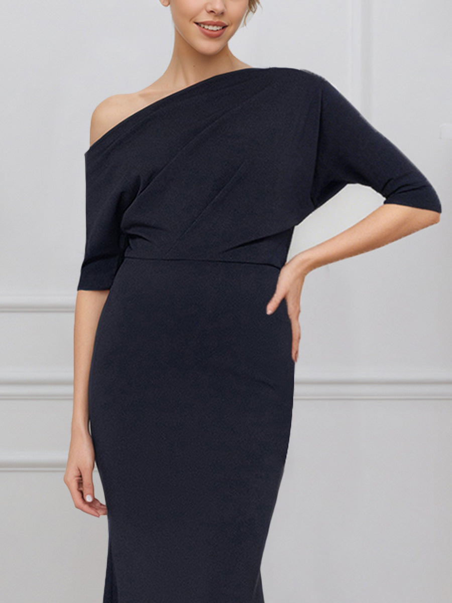 Cicinia Noir Robe pour Mère de la Mariée Longue en Tissu Extensible Silhouette Sirène Encolure Asymétrique