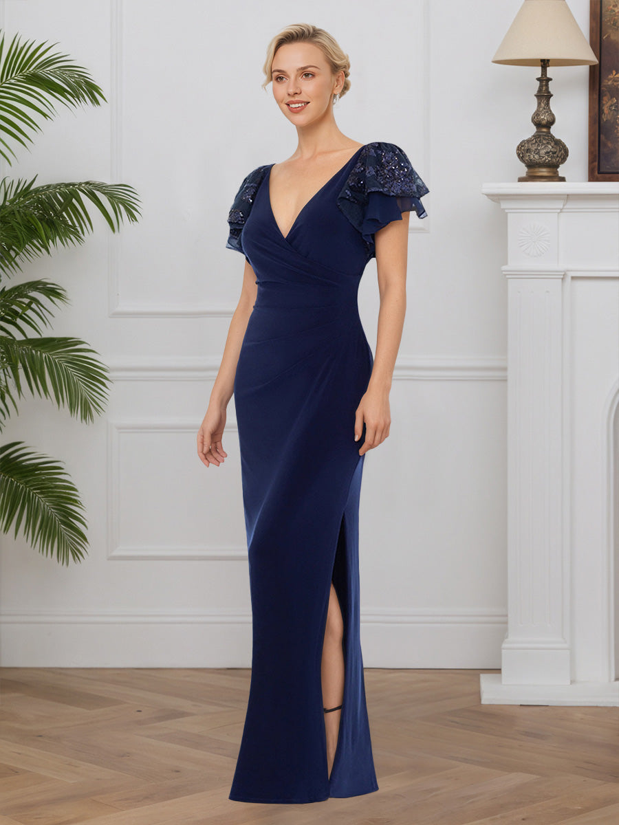 Cicinia Bleu Marine Robe pour Mère de la Mariée Longue en Dentelle et Tissu Extensible Sheath Décolleté en V