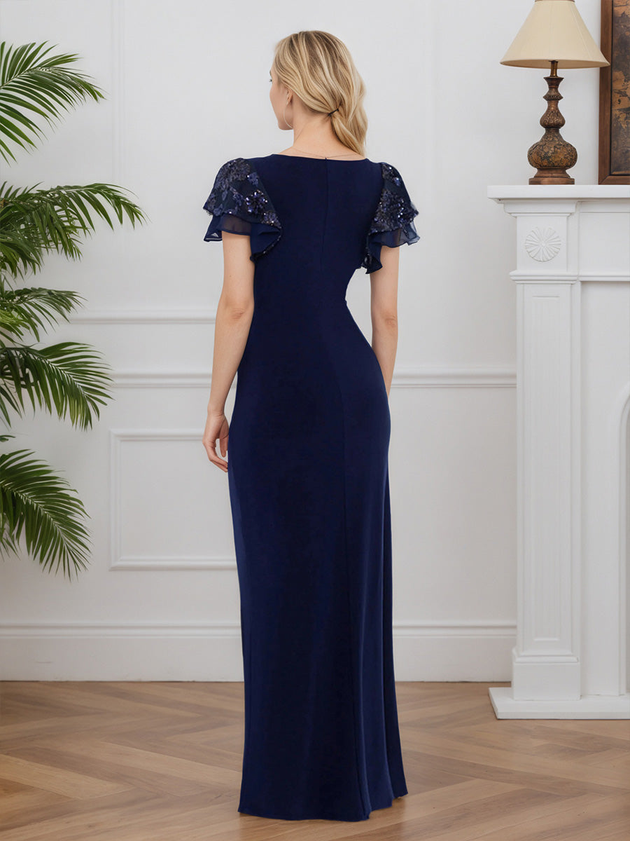 Cicinia Bleu Marine Robe pour Mère de la Mariée Longue en Dentelle et Tissu Extensible Sheath Décolleté en V