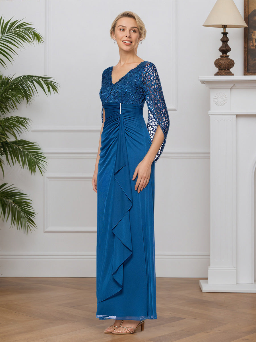 Cicinia Bleu Robe pour Mère de la Mariée Longue en Dentelle et Mousseline Décolleté en V Longueur Sol