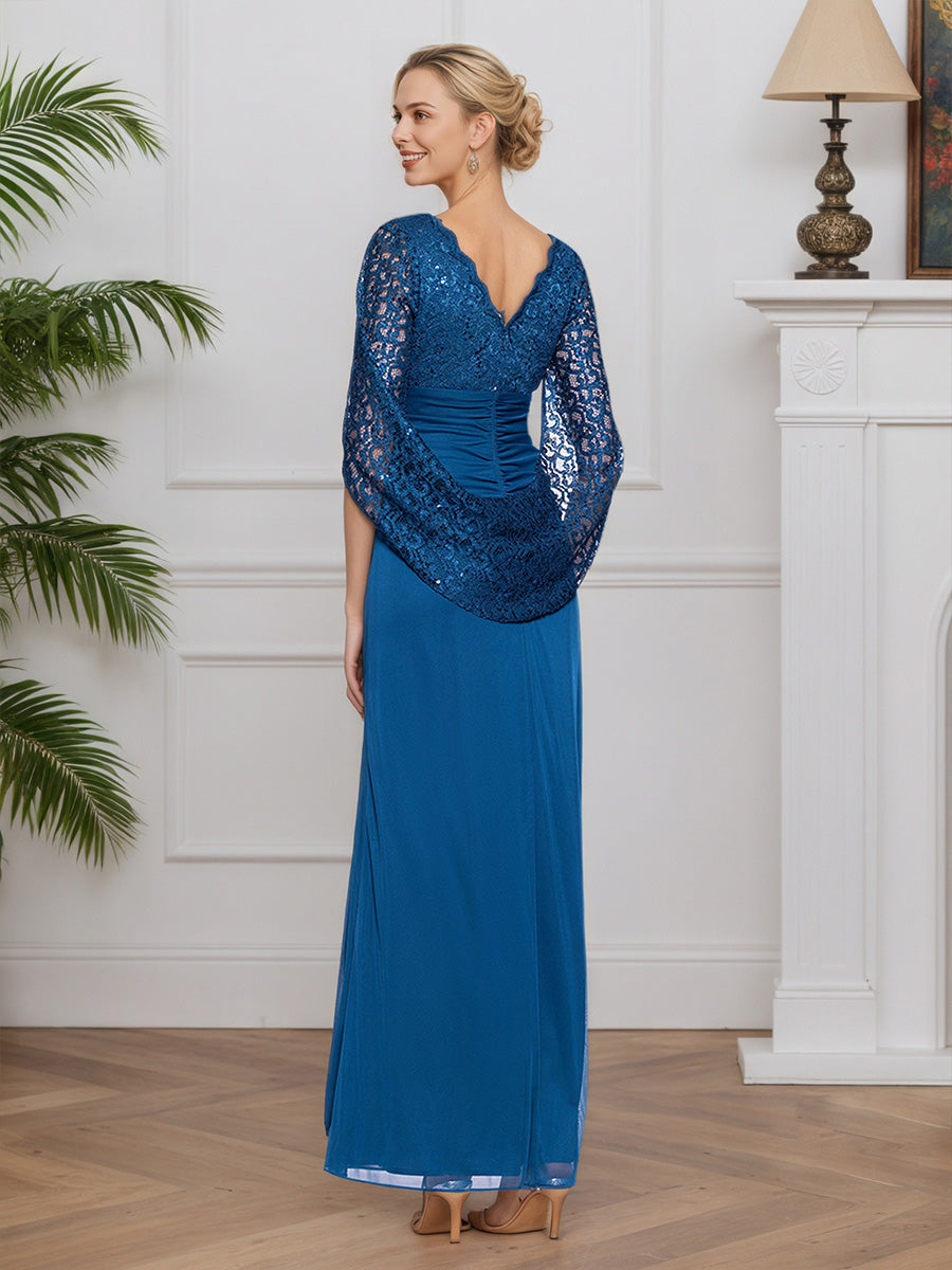 Cicinia Bleu Robe pour Mère de la Mariée Longue en Dentelle et Mousseline Décolleté en V Longueur Sol