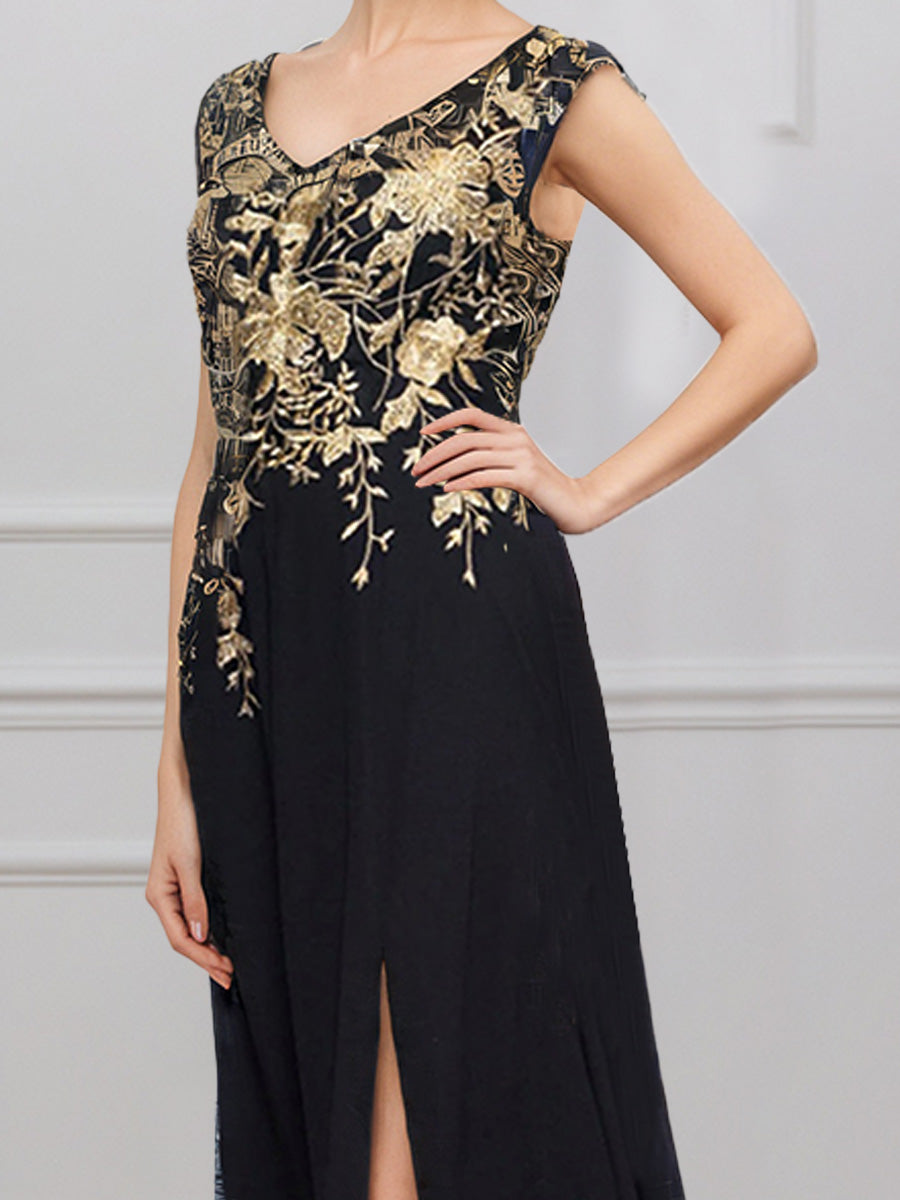 Cicinia Noir Robe pour Mère de la Mariée Longue en Mousseline et Dentelle Décolleté en V A-Line Fente