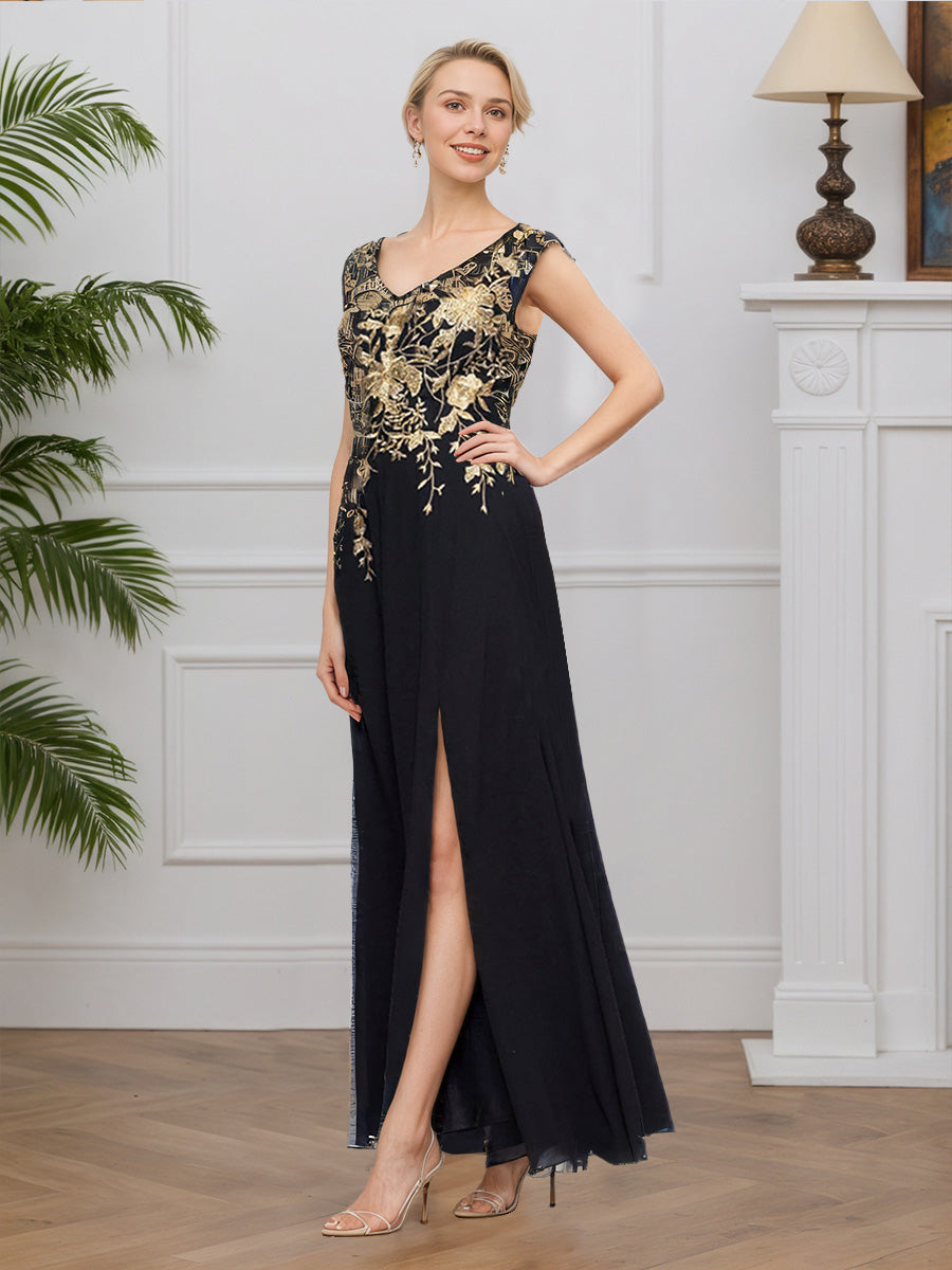 Cicinia Noir Robe pour Mère de la Mariée Longue en Mousseline et Dentelle Décolleté en V A-Line Fente